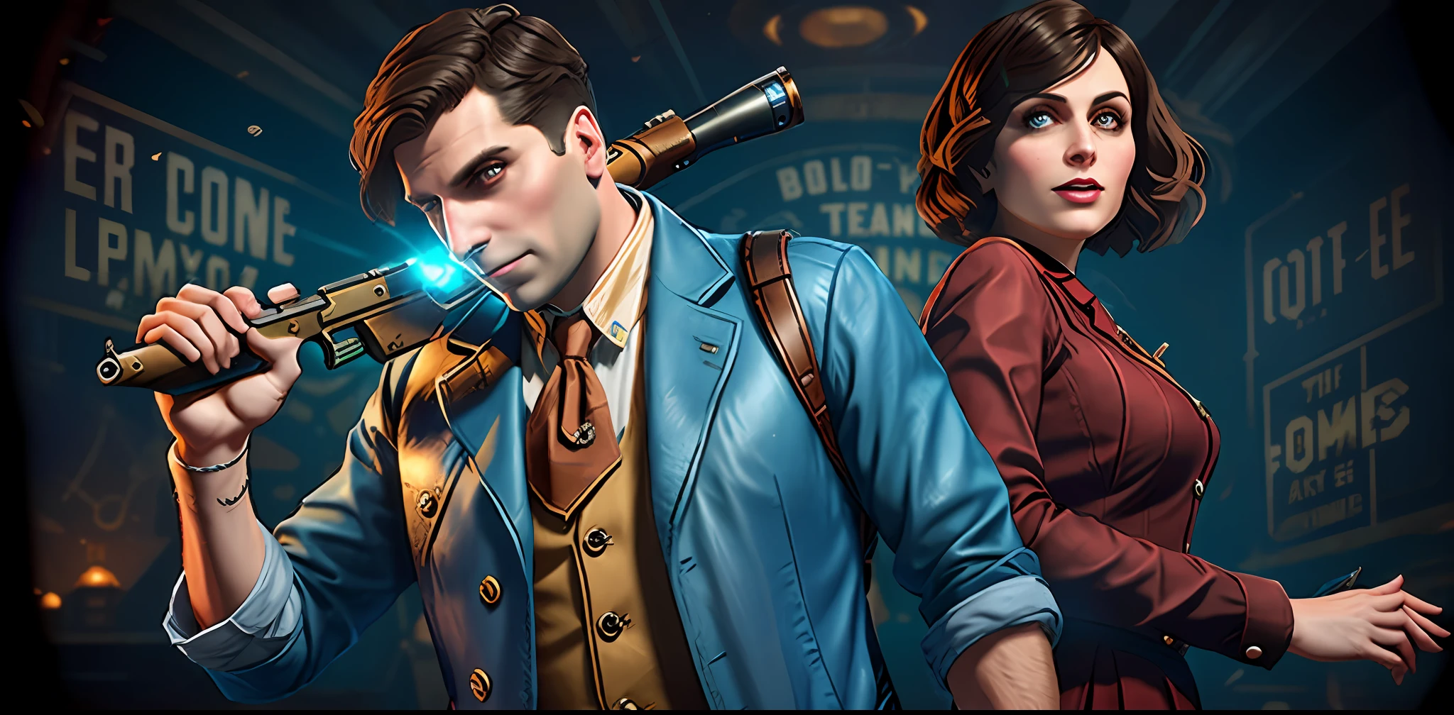 a closeup of a person holding a gun and a woman, infinite style bioshock, infinite bioshock, infinite bioshock art style, infinite bioshock elizabeth, bioshock style, game characters, by Gavin Nolan, key art, game icons, wolfenstein, game cover, for aaa game, bioshock, fan art, lovecraft country, columbia city image background from Bioshock Infinite,  city in the sky style Bioshock Infinite