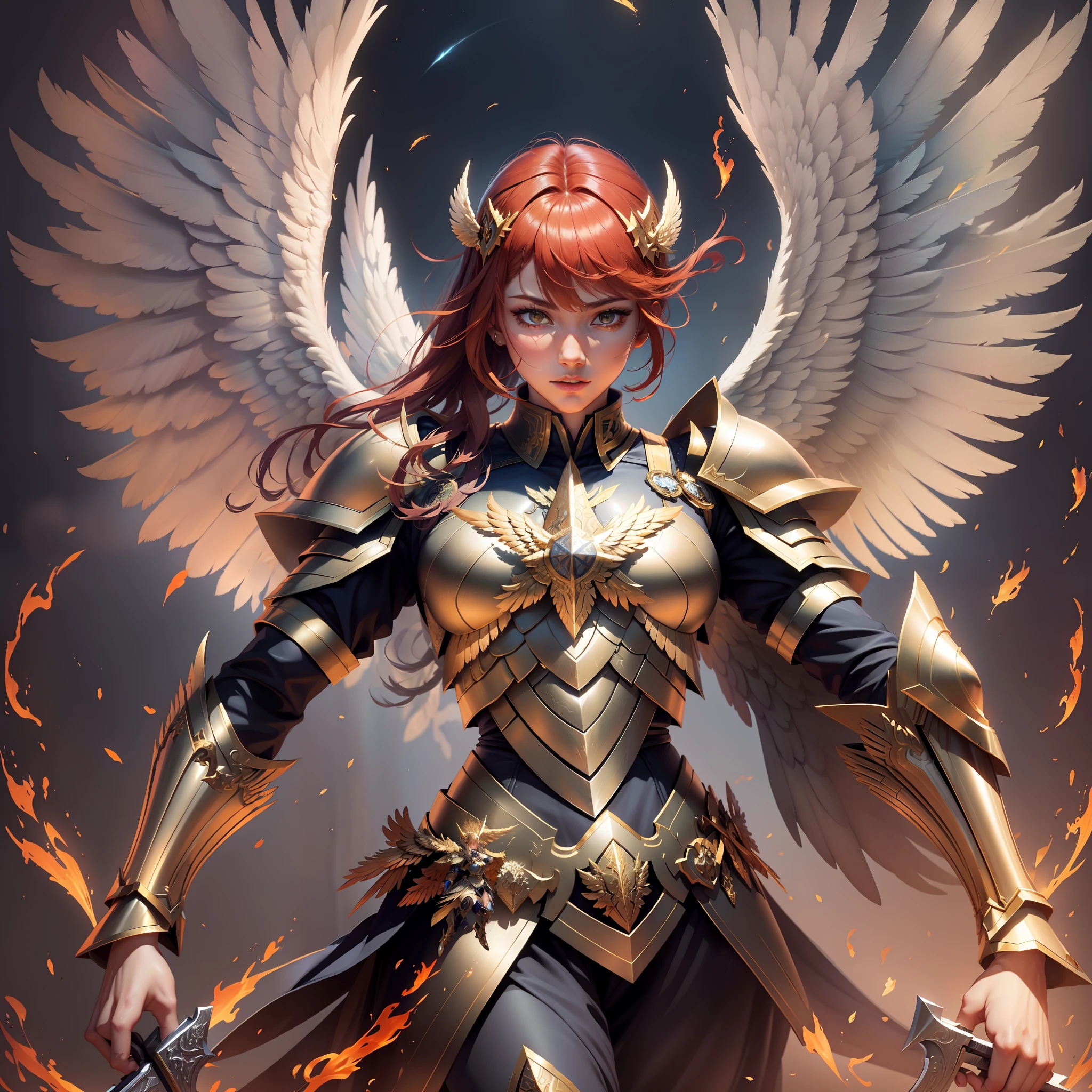 Create an image of an archangel with four large wings who is leading an army of angels to fight the forces of evil in an epic battle. He has a flaming sword in one hand and a shield in the other, and his face is determined and courageous. UHD, high details, super detail, best quality, 8k