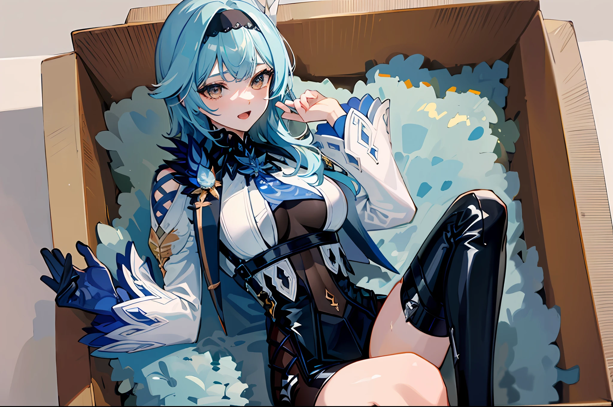 (masterpiece, top quality, best quality, official art, beautiful and aesthetic:1.2),(8k, best quality, masterpiece:1.2), there is a woman sitting in a box full of money and diamod, facial expressions that are so sexy and seductive, the color of the box is blue, the contents of the box are primogem ghenshin impact, open smiling mouth, sad expression