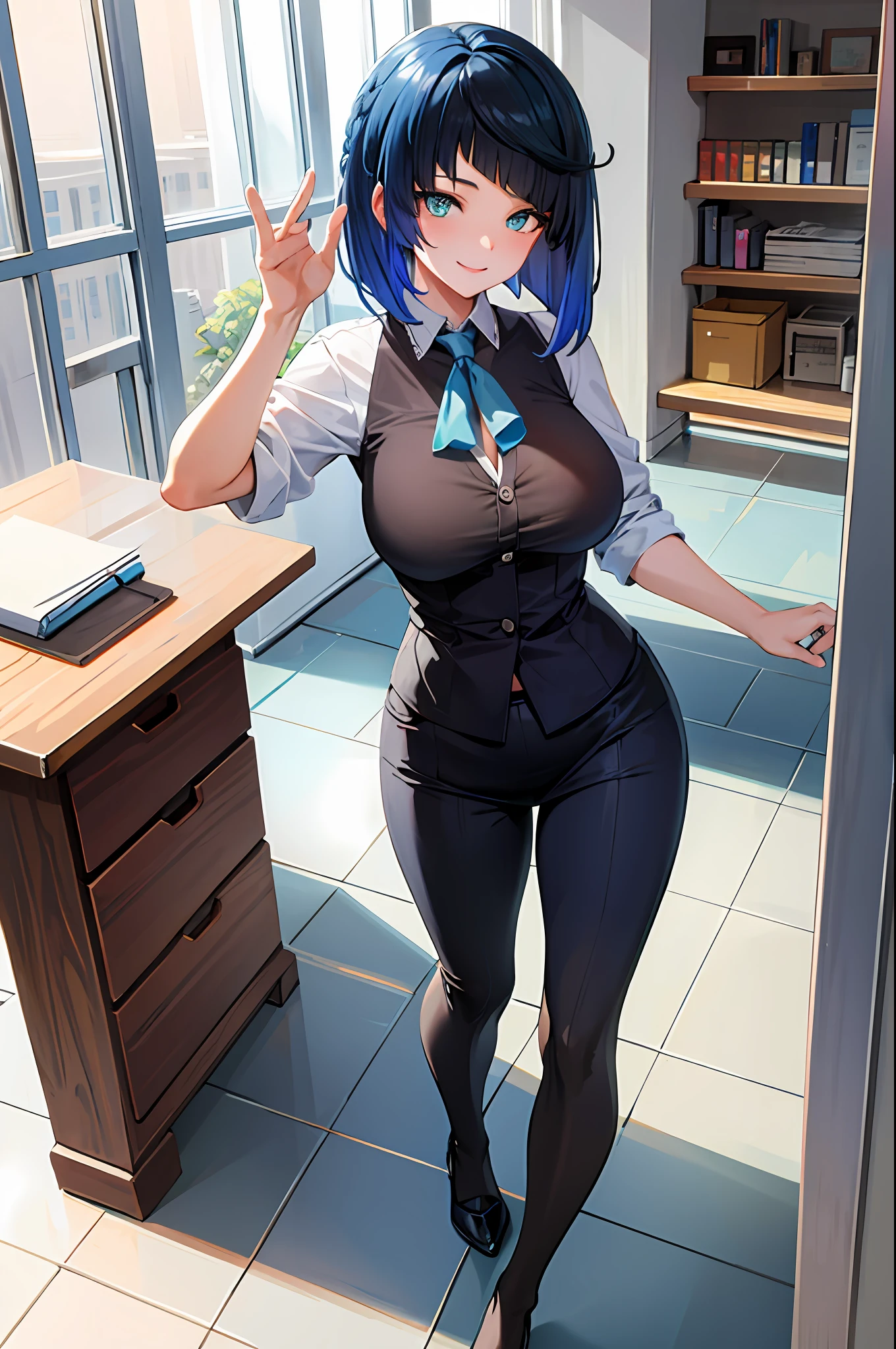 ((masterpiece, best quality)), (1girl),((mature female)), blue hair, ((office lady )),bangs,middle breast,(busty),slim,smile, [wide hips],office,standing