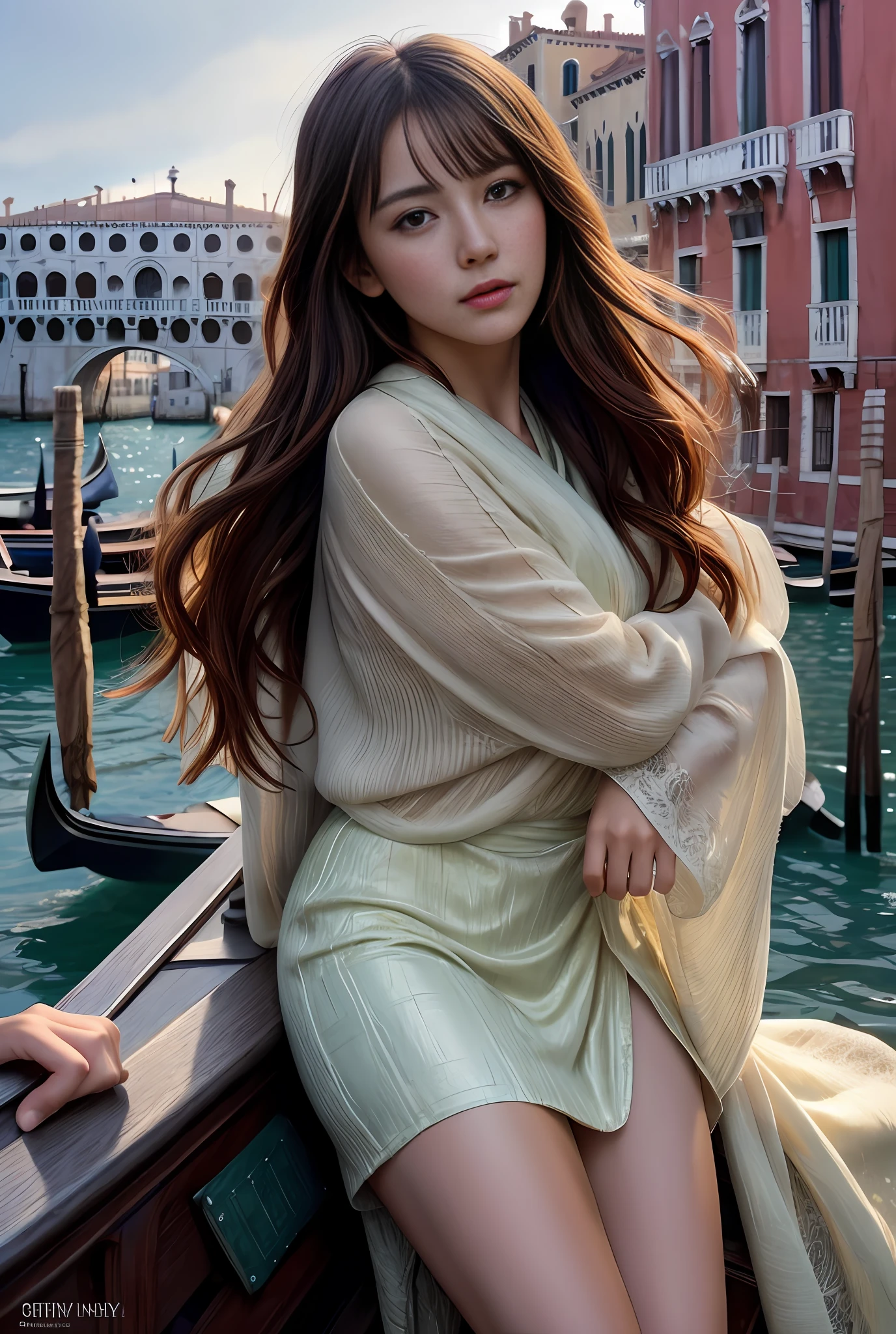 Model shooting style, (extremely detailed CG Unity 8k wallpaper), full-shot body photo of the most beautiful artwork in the world, stunning beautiful photo realistic available, an ultra-realistic ultra-detailed photo, a beautiful girl as a female dancer in the 2020s on a boat in Venice in the 2020s, (bridge of sighs background), (princess eyes, shining pupils), detailed symmetrical beautiful hazel eyes, detailed gorgeous face, highly detailed, vibrant, professional majestic oil painting, By Ed Blinkey, Atey Ghailan, Studio Ghibli, Jeremy Mann, Greg Manchess, Antonio Moro, ArtStation Trends, CGSociety Trends, Complex, High Detail, Sharp Focus, Dramatic, Photorealistic Painting Art by Midjourney and Greg Rutkowski