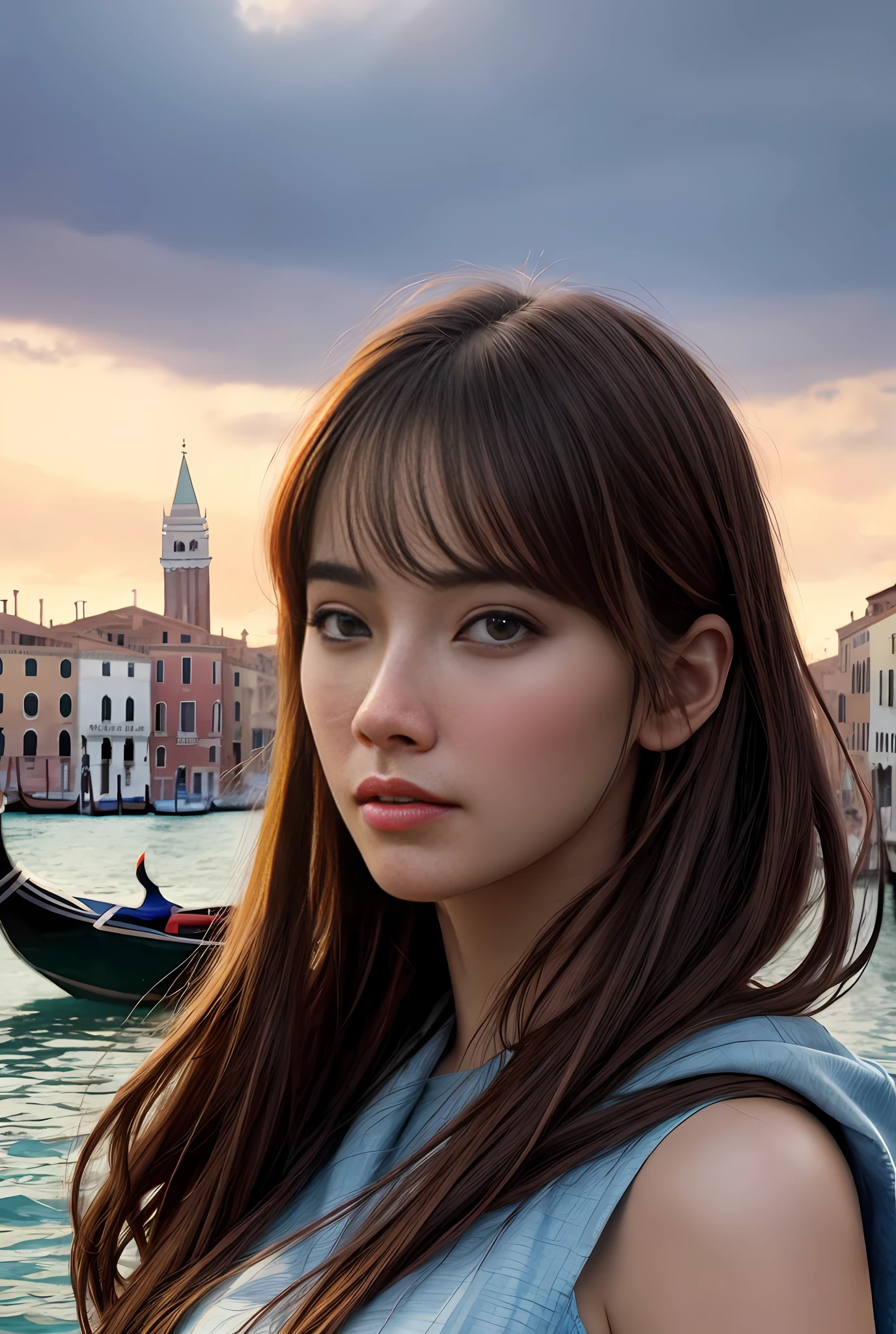 Model shooting style, (extremely detailed CG Unity 8k wallpaper), full-shot body photo of the most beautiful artwork in the world, stunning beautiful photo realistic available, an ultra-realistic ultra-detailed photo, a beautiful girl as a female dancer in the 2020s on a boat in Venice in the 2020s, (bridge of sighs background), (princess eyes, shining pupils), detailed symmetrical beautiful hazel eyes, detailed gorgeous face, highly detailed, vibrant, professional majestic oil painting, By Ed Blinkey, Atey Ghailan, Studio Ghibli, Jeremy Mann, Greg Manchess, Antonio Moro, ArtStation Trends, CGSociety Trends, Complex, High Detail, Sharp Focus, Dramatic, Photorealistic Painting Art by Midjourney and Greg Rutkowski