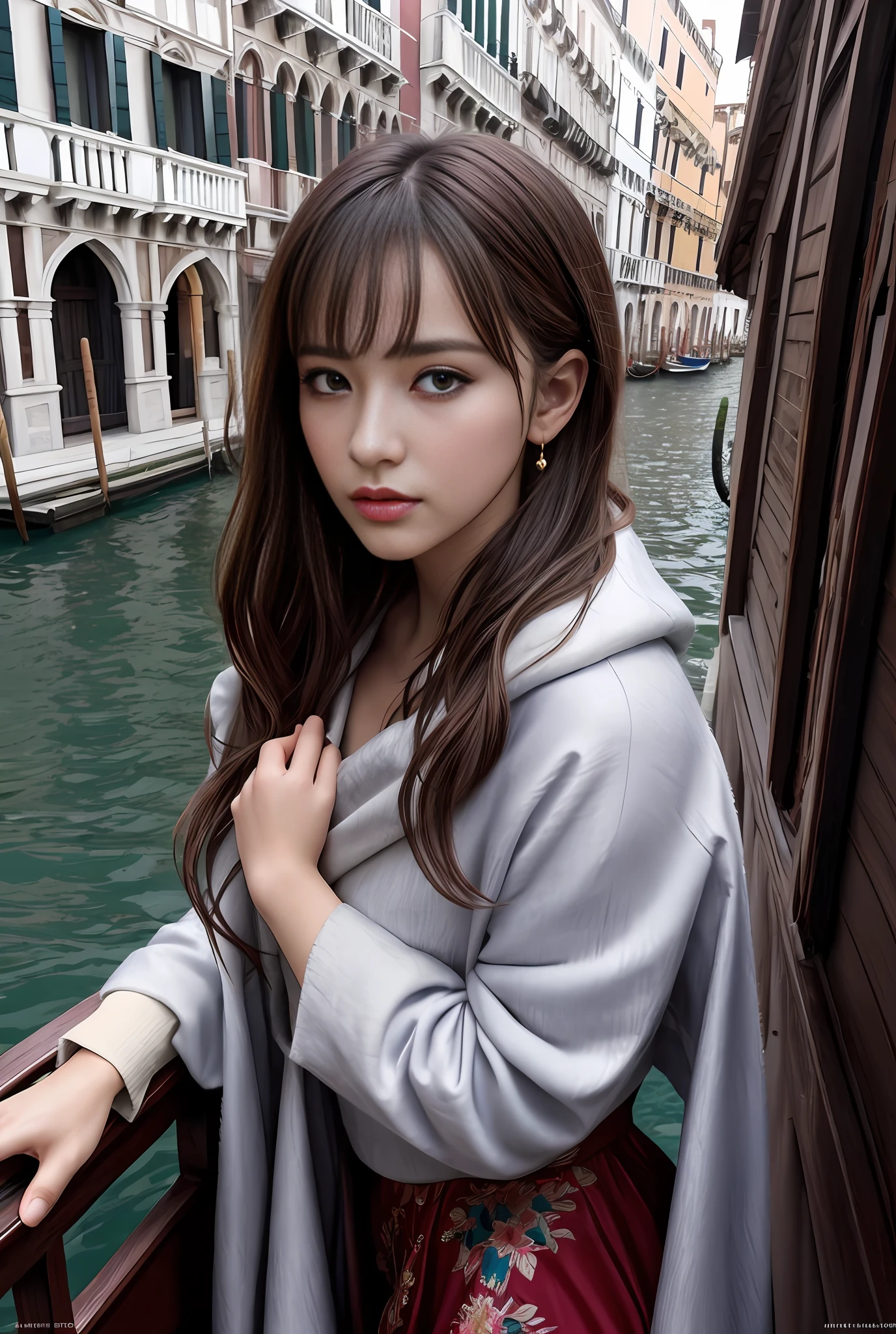 Model shooting style, (extremely detailed CG Unity 8k wallpaper), full-shot body photo of the most beautiful artwork in the world, stunning beautiful photo realistic available, an ultra-realistic ultra-detailed photo, a beautiful girl as a female dancer in the 2020s on a boat in Venice in the 2020s, (bridge of sighs background), (princess eyes, shining pupils), detailed symmetrical beautiful hazel eyes, detailed gorgeous face, highly detailed, vibrant, professional majestic oil painting, By Ed Blinkey, Atey Ghailan, Studio Ghibli, Jeremy Mann, Greg Manchess, Antonio Moro, ArtStation Trends, CGSociety Trends, Complex, High Detail, Sharp Focus, Dramatic, Photorealistic Painting Art by Midjourney and Greg Rutkowski