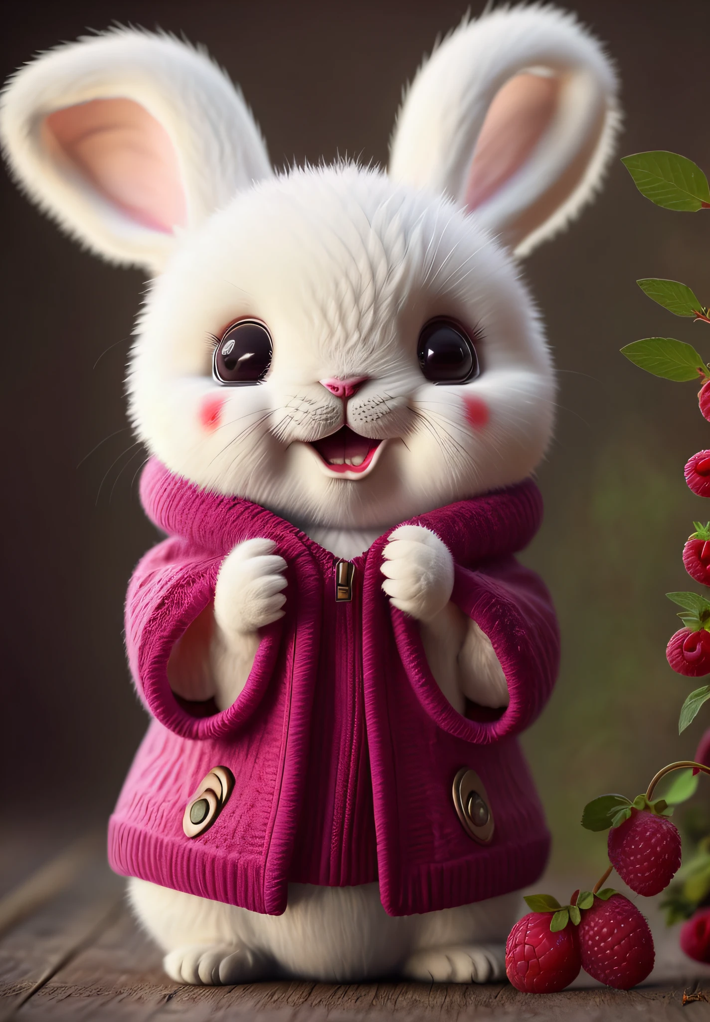 cute but scary rabbit eating a raspberry, raspberry juice dripping from his mouth, in a natural setting with no contrast and depth of field, styled in to8contrast with dark_glam attire and deep shadows, emphasized with a 1.4x weight on the "dark" tag. Dark Fantasy