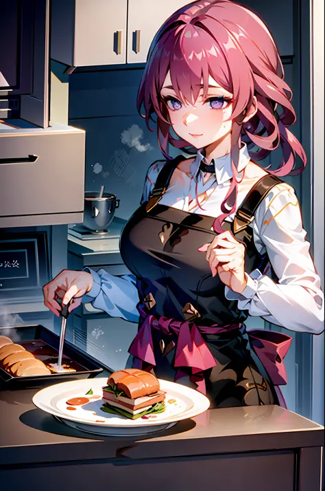 masterpiece, best quality, 1girl, (cooking), blonde hair, long hair, kitchen, casual clothes, apron