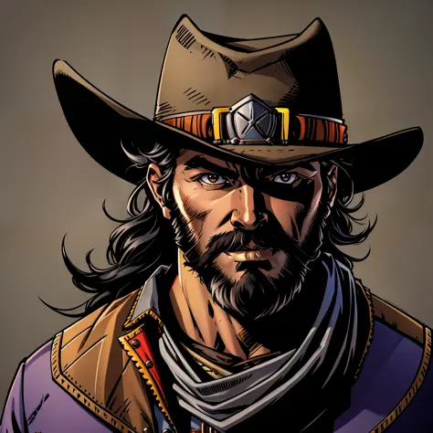 a closeup of a bearded man wearing a hat, bearded cowboy, Jesse McCree, stout male ranger, male cowboy portrait, shaggy facial h...