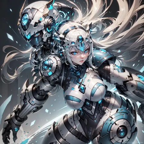 Woman, Platinum Hair, white eyes, dolphin armor, armor in blue and white colors, mask covering mouth, fatasia megaman X, evil gi...