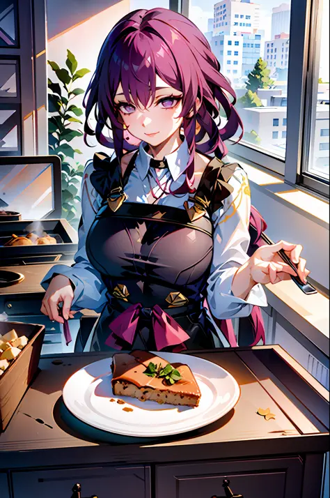 masterpiece, best quality, 1girl, (cooking), blonde hair, long hair, kitchen, casual clothes, apron, purple hair, feed food