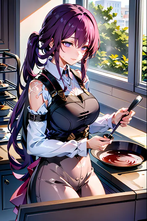 masterpiece, best quality, 1girl, (cooking), blonde hair, long hair, kitchen, casual clothes, apron, purple hair, wipe sweat