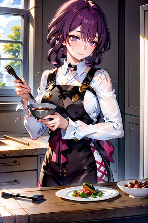 masterpiece, best quality, 1girl, (cooking), blonde hair, long hair, kitchen, casual clothes, apron, purple hair, wipe sweat