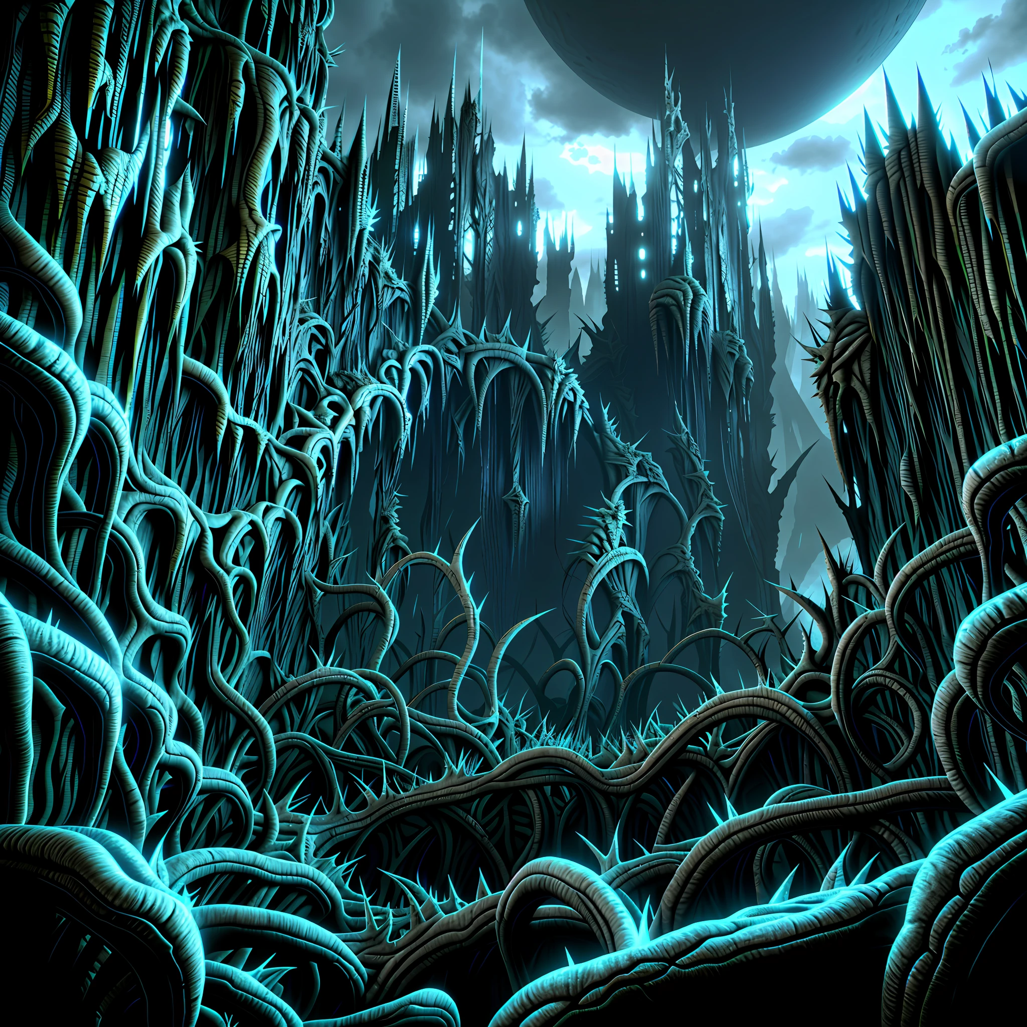 vast angle, view from the top, horror art, landscape of complex biomechanicals, biomorphic negative dimension, spiked walls, madness, thorns, artstation, UHD, unreal engine, sketch color drawing. 3D model style.