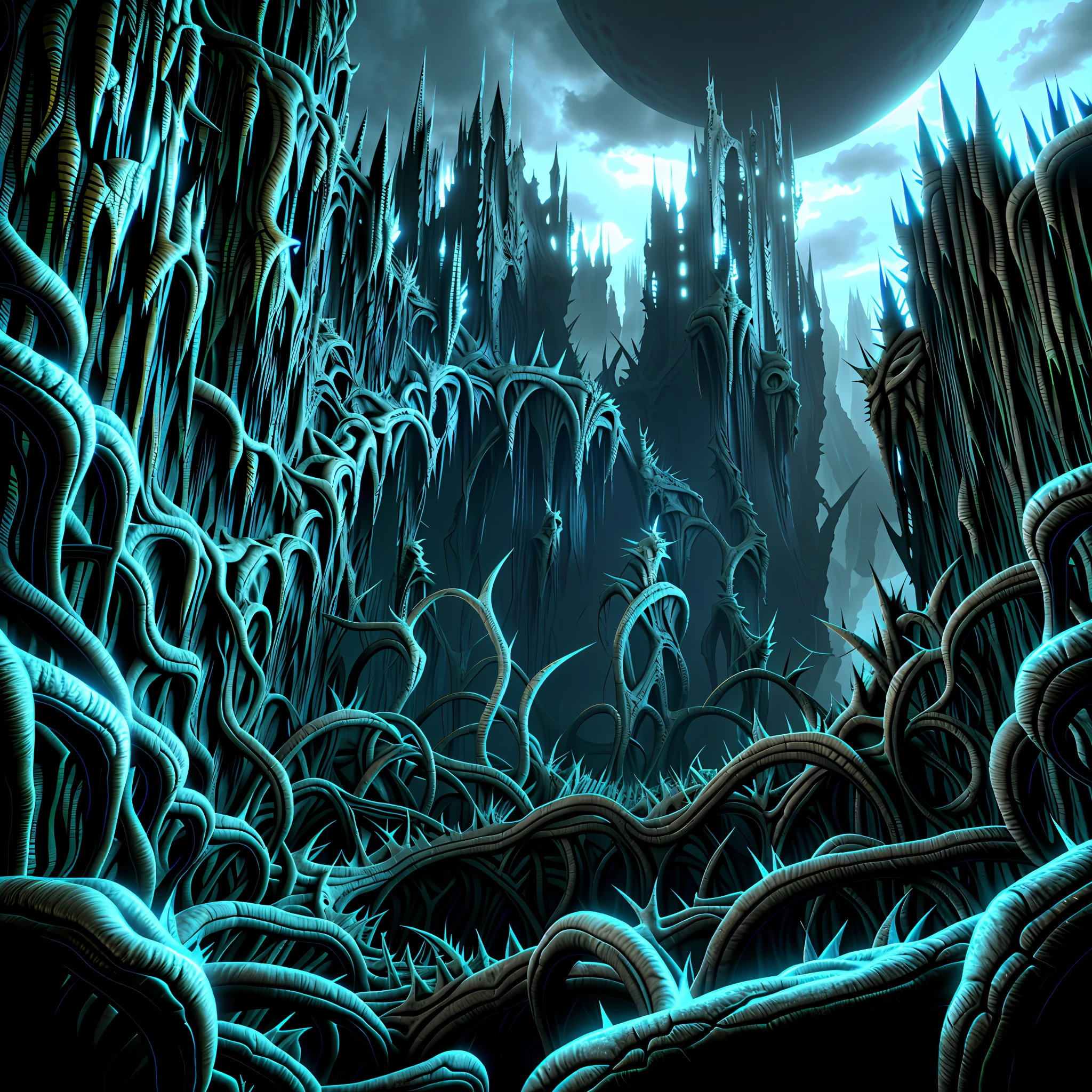 vast angle, view from the top, horror art, landscape of complex biomechanicals, biomorphic negative dimension, spiked walls, madness, thorns, artstation, UHD, unreal engine, sketch color drawing. 3D model style.