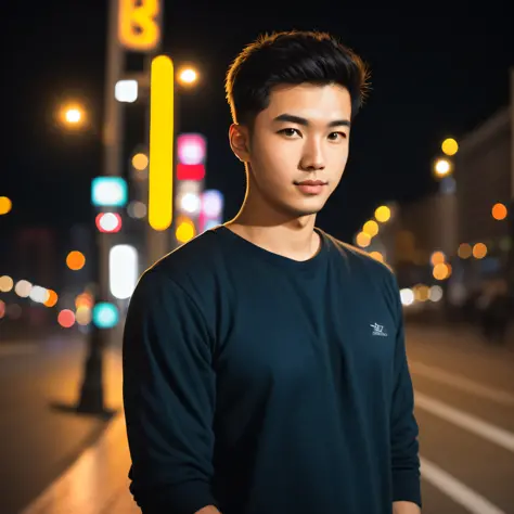 raw photo, a portrait photo of 25 y.o man in casual clothes, night, city street, (high detailed skin:1.2), 8k uhd, dslr, soft li...