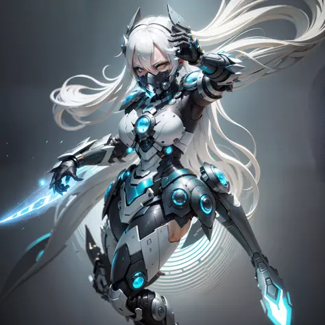 woman, platinum hair, white eyes, dolphin armor, armor in black and blue colors, armor glued to the body, mask covering the mout...