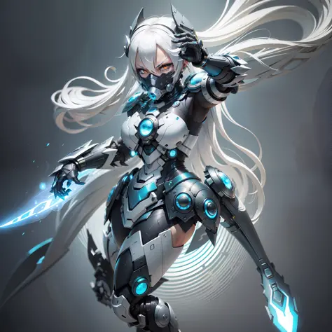 woman, platinum hair, white eyes, dolphin armor, armor in black and blue colors, armor glued to the body, mask covering the mout...