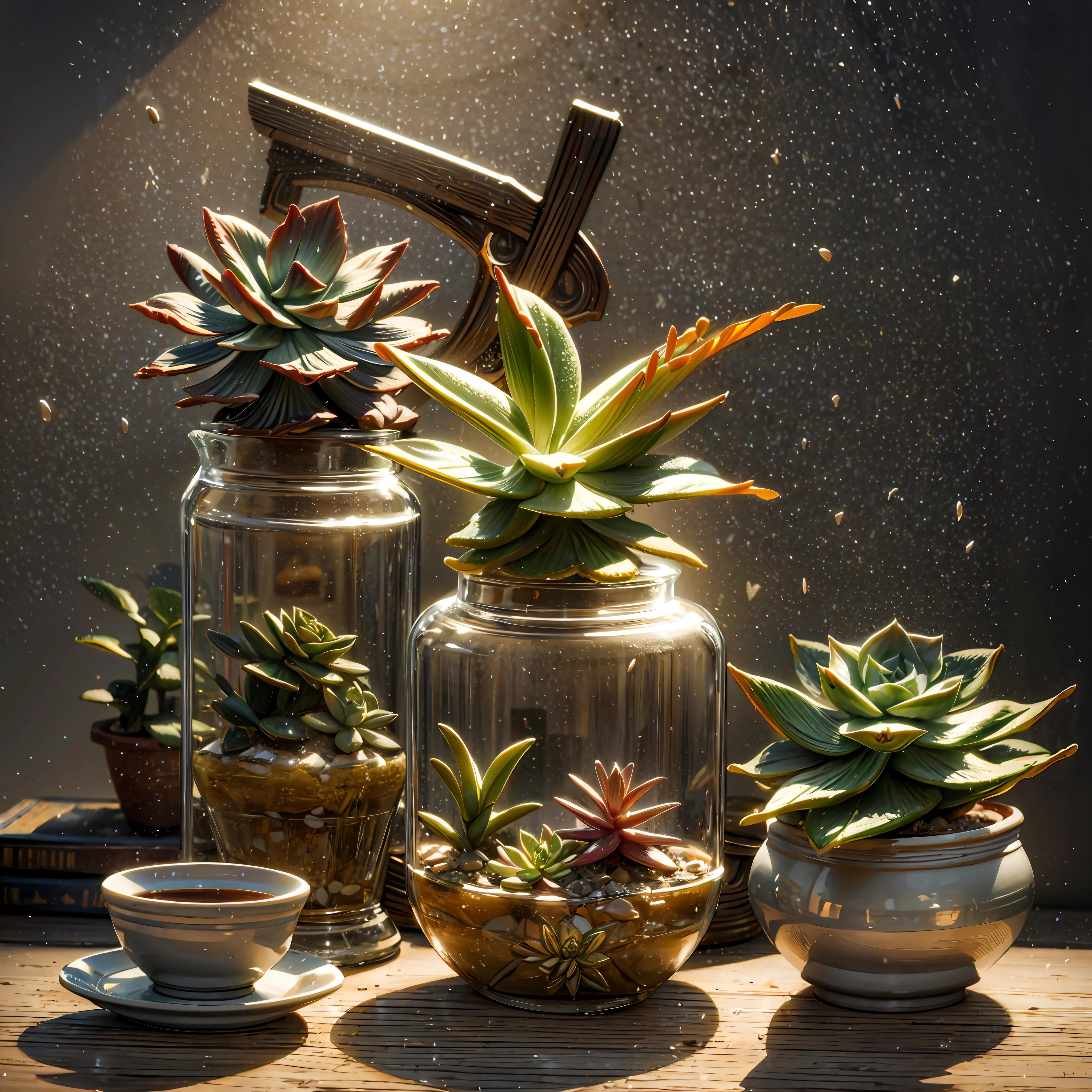 Sehr realistische Echeveria, Nahaufnahme, Wunderbare Beleuchtung, volumetrische Atmosphäre, etwas magischer Staub, fotorealistisch, wunderschönes Regal mit Pflanzen im Hintergrund