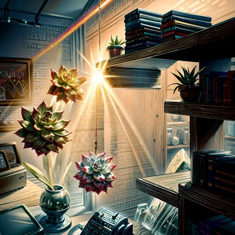 very realistic echeveria, close-up, wonderful lighting, volumetric atmosphere, some magic dust, photorealistic, wonderful shelf ...