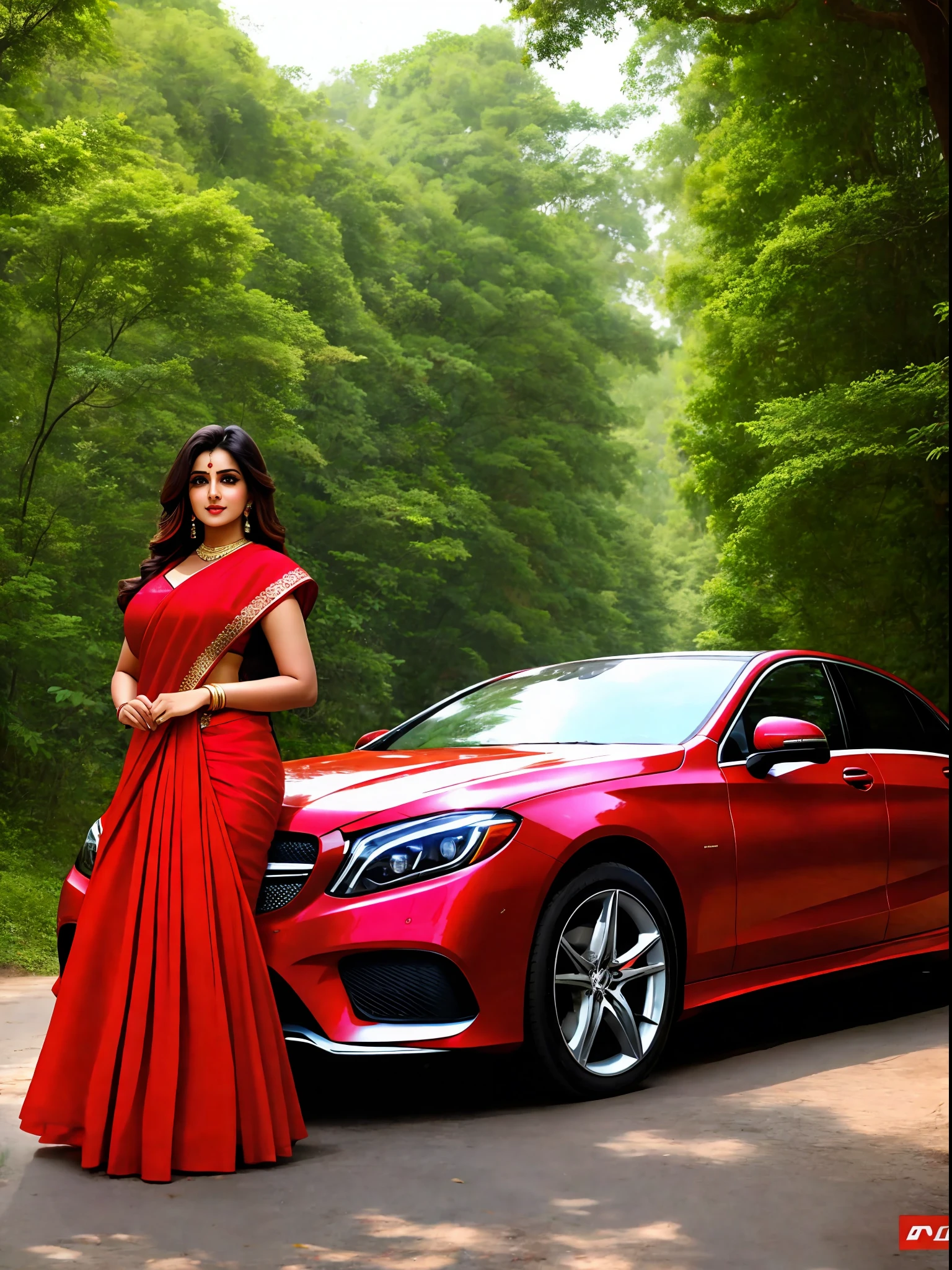 A woman in a red sari standing next to a red car - SeaArt AI