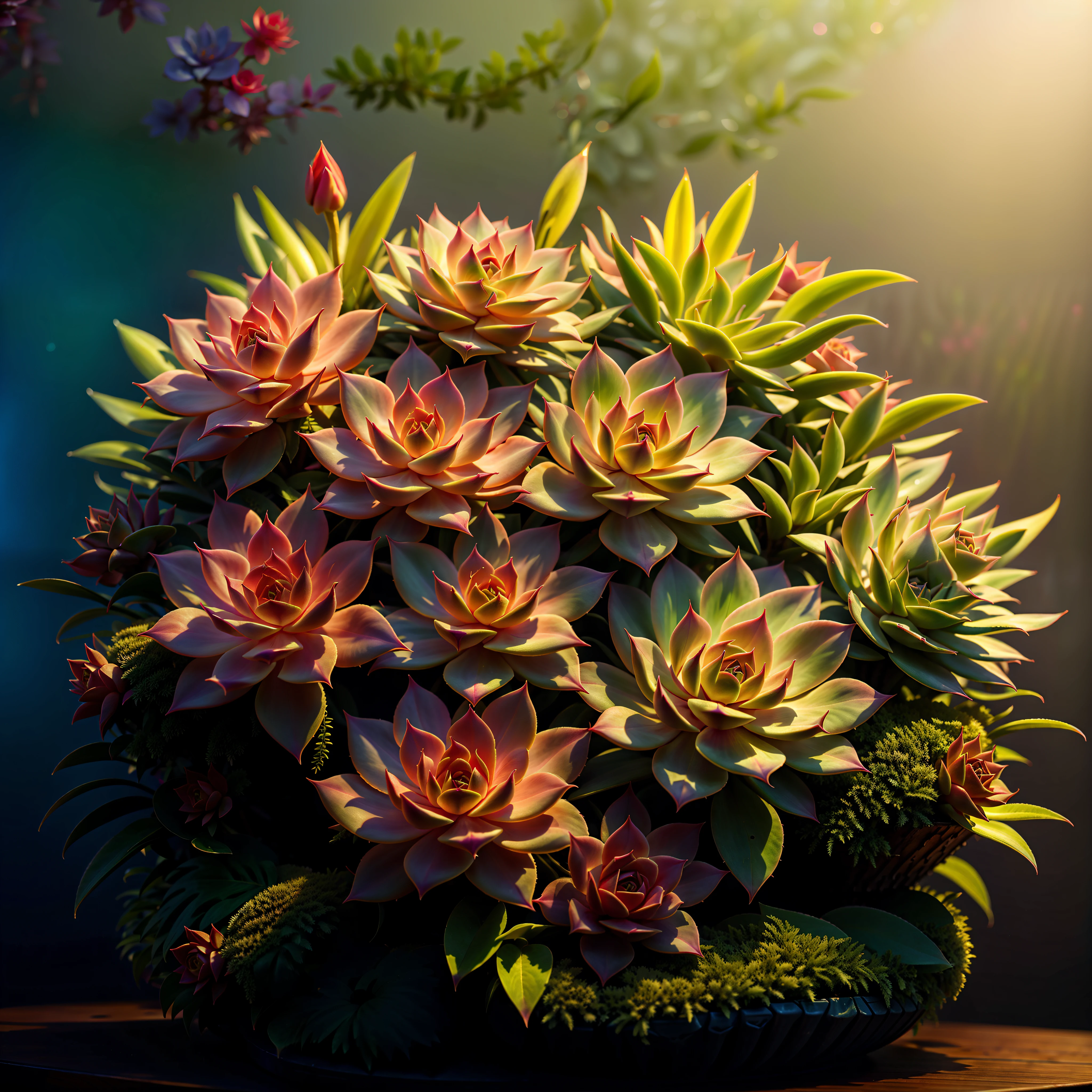 Sehr realistische Echeveria, Nahaufnahme, wunderbare Beleuchtung, volumetrische Atmosphäre, etwas magischer Staub, fotorealistisch, wunderschönes Regal mit Pflanzen im Hintergrund