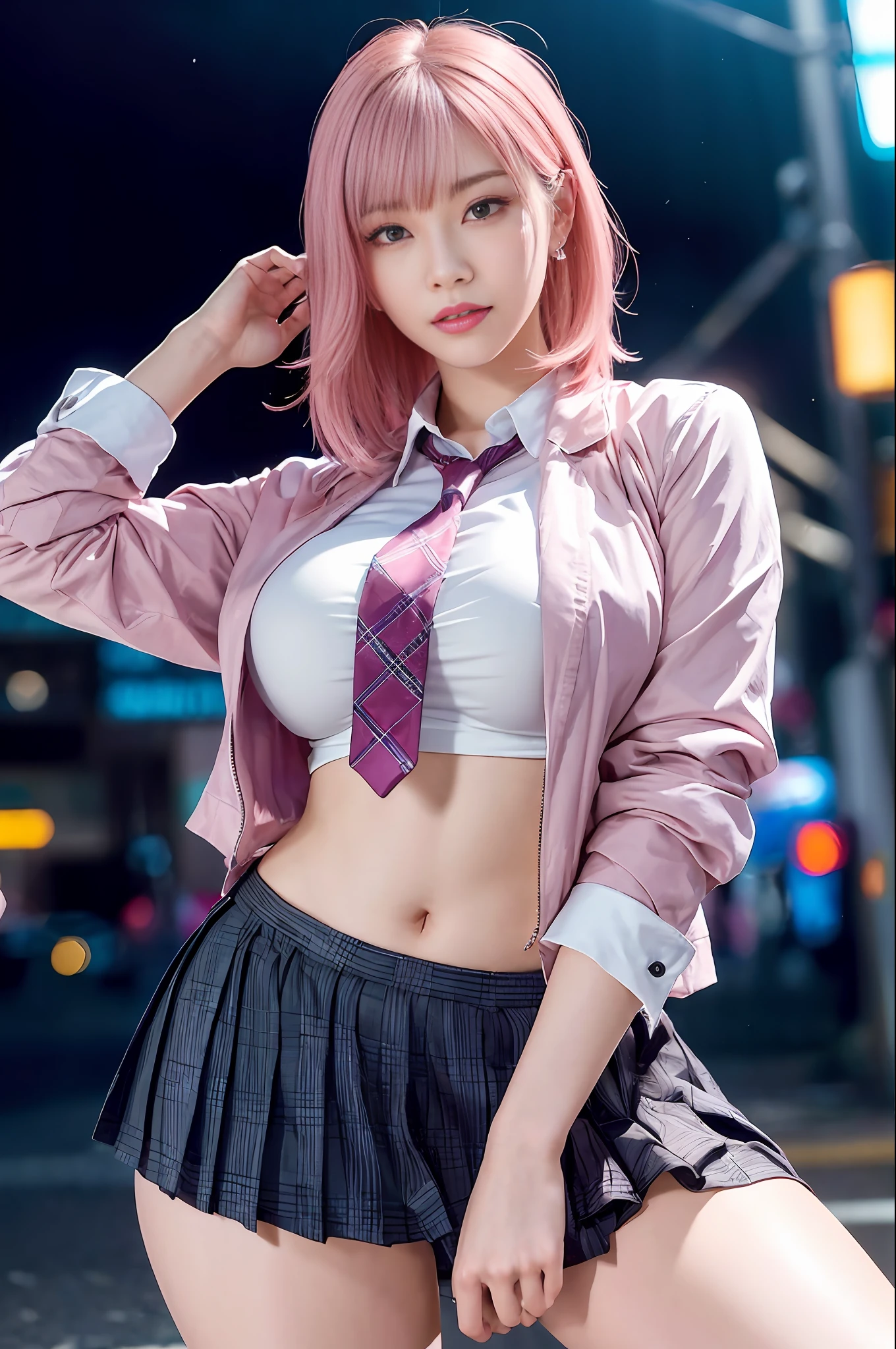 there is a woman with pink hair and a tie posing for a picture, anime girl in real life, anime girl cosplay, a hyperrealistic schoolgirl, seductive pretty girl, hyperrealistic schoolgirl, attractive real girl, cute girl with short pink hair, anime style mixed with fujifilm, beautiful real high school girl, pretty girl, cyberpunk  girl, anime cosplay, cosplay,  masterpiece, superdeformed, full body: 1.2, ultra high res, RAW photo, masterpiece, ultra detailed, 8k, full detailed hair, highres, best quality, ultra high res, ultra detailed face and eyes, (photorealistic:1.4), looking at viewer, smiling, cute,  (ray tracing:1.4), (long legs:1.4), Best quality , masterpiece, large hip, Fully facial detailed, beautiful, ((very detailed of hair )) , (((1))), thin lips, big eyes, highres, seducing, blue eyes , slim waist, 8k, 16k, highres,
karol bak uhd, inspired by hajime sorayama,