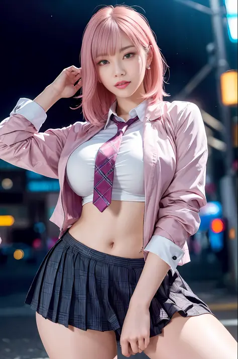 there is a woman with pink hair and a tie posing for a picture, anime girl in real life, anime girl cosplay, a hyperrealistic sc...