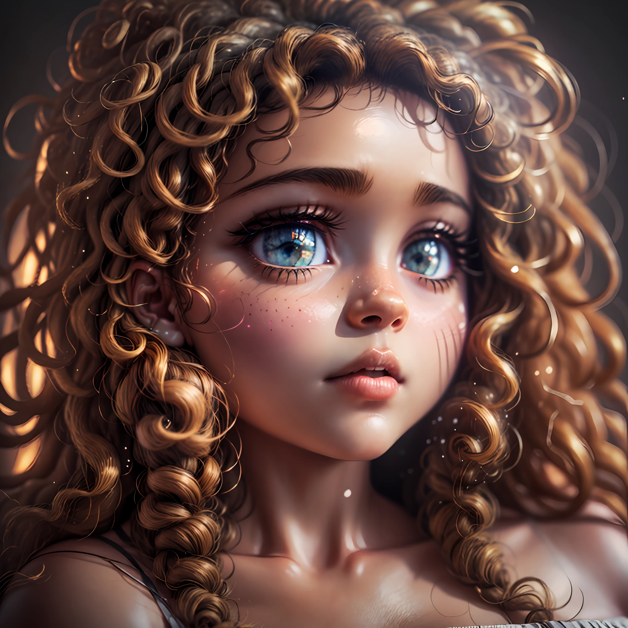 Super Big, Face Close, (hazel eyes), African-Latin style, curly hair, closed mouth, delicate big cheeks, Surrealism, 8k, super detail, masterpiece, best quality, (extremely detailed CG unity 8k wallpaper), (best quality), (best illustration), (best shadow), absurdres, realistic lighting, (Abyss), beautiful detailed glow, detailed face