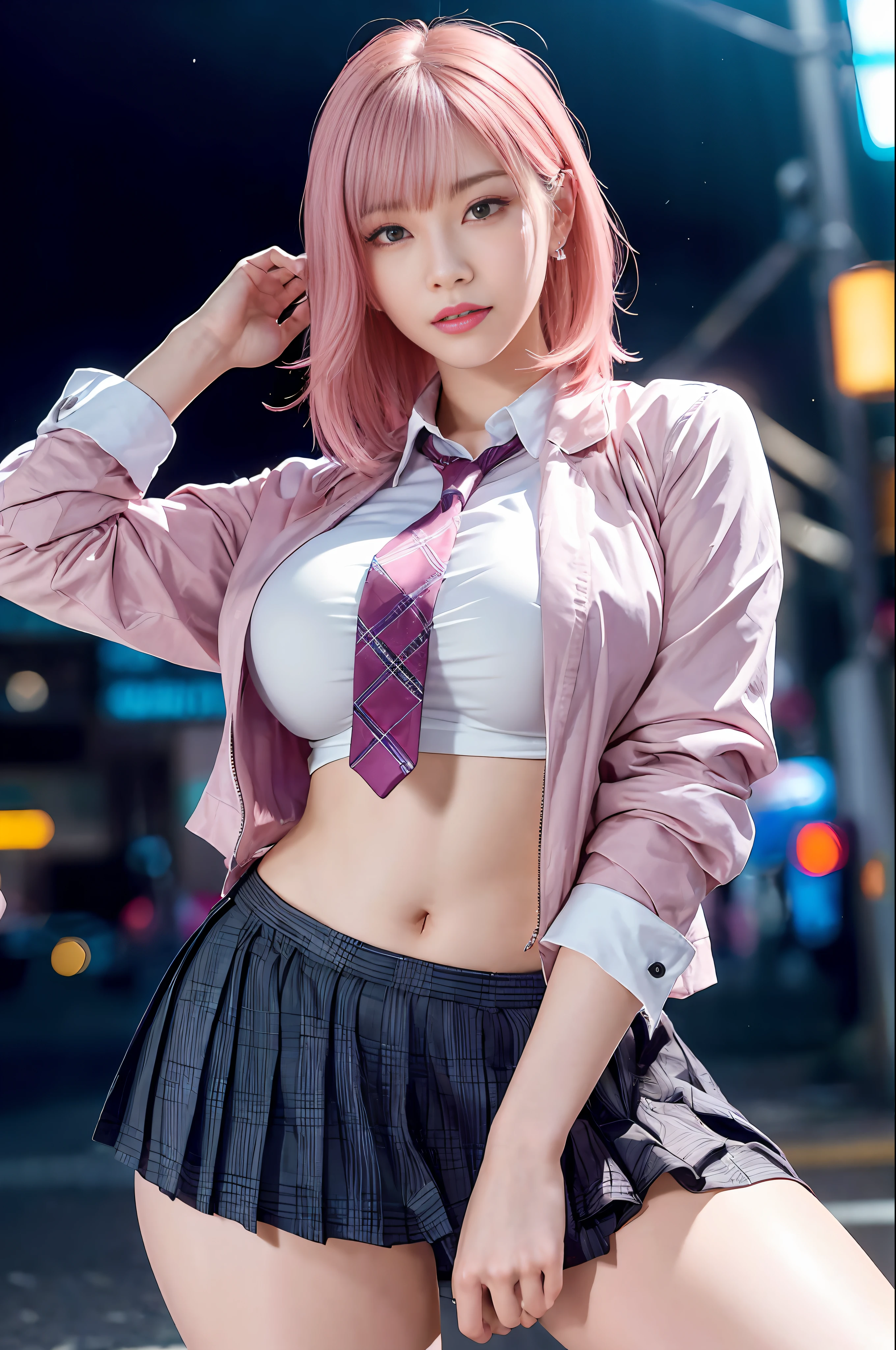 there is a woman with pink hair and a tie posing for a picture, anime girl in real life, anime girl cosplay, a hyperrealistic schoolgirl, seductive pretty girl, hyperrealistic schoolgirl, attractive real girl, cute girl with short pink hair, anime style mixed with fujifilm, beautiful real high school girl, pretty girl, cyberpunk  girl, anime cosplay, cosplay,  masterpiece, superdeformed, full body: 1.2, ultra high res, RAW photo, masterpiece, ultra detailed, 8k, full detailed hair, highres, best quality, ultra high res, ultra detailed face and eyes, (photorealistic:1.4), looking at viewer, smiling, cute,  (ray tracing:1.4), (long legs:1.4), Best quality , masterpiece, large hip, Fully facial detailed, beautiful, ((very detailed of hair )) , (((1))), thin lips, big eyes, highres, seducing, blue eyes , slim waist, 8k, 16k, highres,
karol bak uhd, inspired by hajime sorayama,