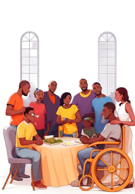 there are many people sitting around a table with a table cloth, full color illustration, by Chinwe Chukwuogo-Roy, family dinner, people at the table, group sit at table, by Ingrida Kadaka, official illustration, colored illustration, stylized digital illu...