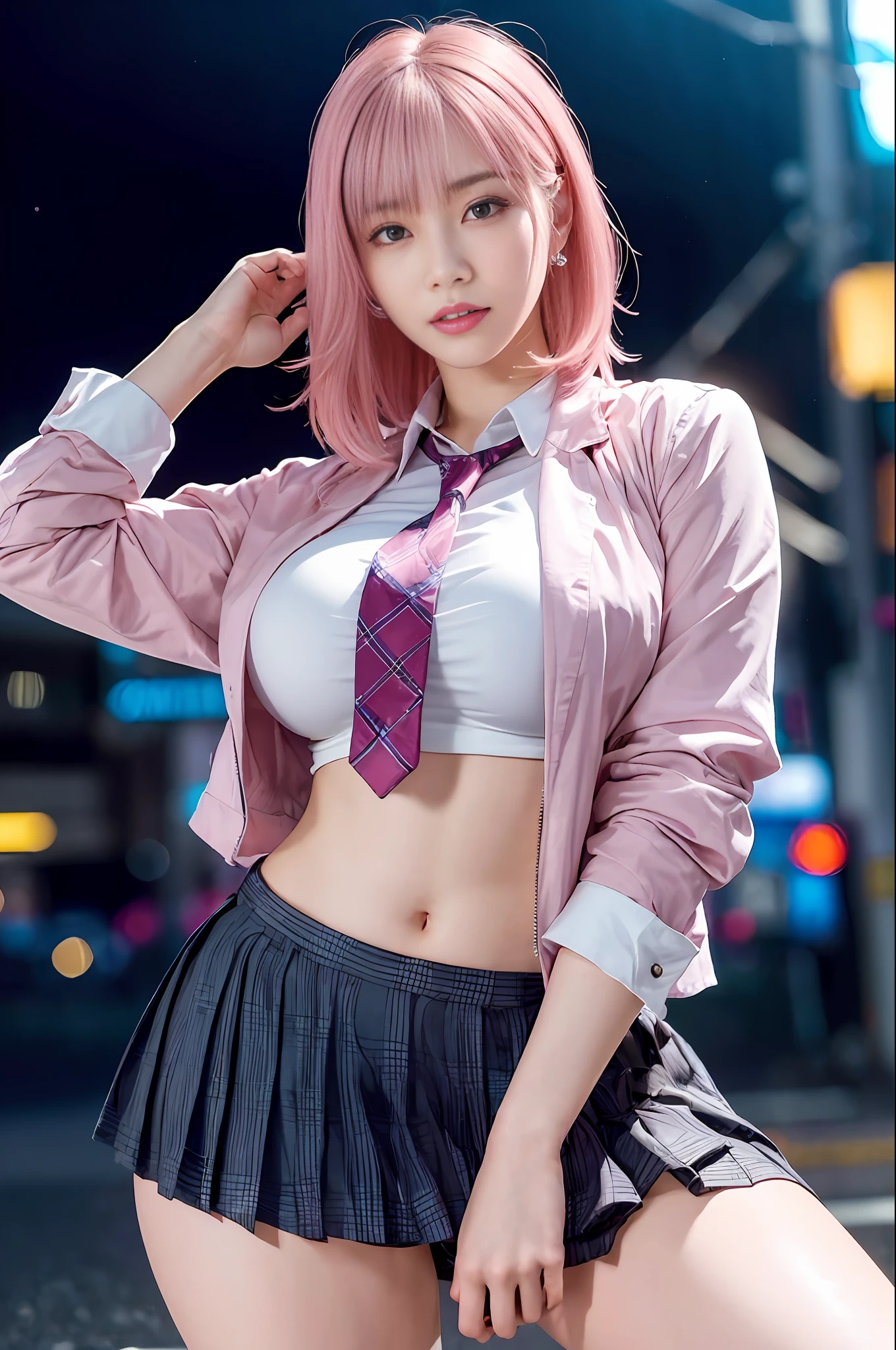 there is a woman with pink hair and a tie posing for a picture, anime girl in real life, anime girl cosplay, a hyperrealistic schoolgirl, seductive pretty girl, hyperrealistic schoolgirl, attractive real girl, cute girl with short pink hair, anime style mixed with fujifilm, beautiful real high school girl, pretty girl, cyberpunk  girl, anime cosplay, cosplay,  masterpiece, superdeformed, full body: 1.2, ultra high res, RAW photo, masterpiece, ultra detailed, 8k, full detailed hair, highres, best quality, ultra high res, ultra detailed face and eyes, (photorealistic:1.4), looking at viewer, smiling, cute,  (ray tracing:1.4), (long legs:1.4), Best quality , masterpiece, large hip, Fully facial detailed, beautiful, ((very detailed of hair )) , (((1))), thin lips, big eyes, highres, seducing, blue eyes , slim waist, 8k, 16k, highres,
karol bak uhd, inspired by hajime sorayama,