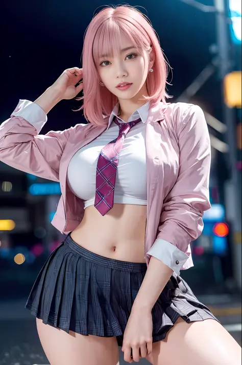 there is a woman with pink hair and a tie posing for a picture, anime girl in real life, anime girl cosplay, a hyperrealistic sc...