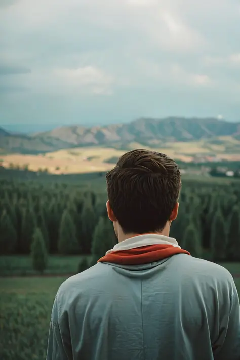 film photography portrait of a teenage guy, hyperrealistic, overcast lighting, shot on kodak portra 200, film grain, nostalgic m...