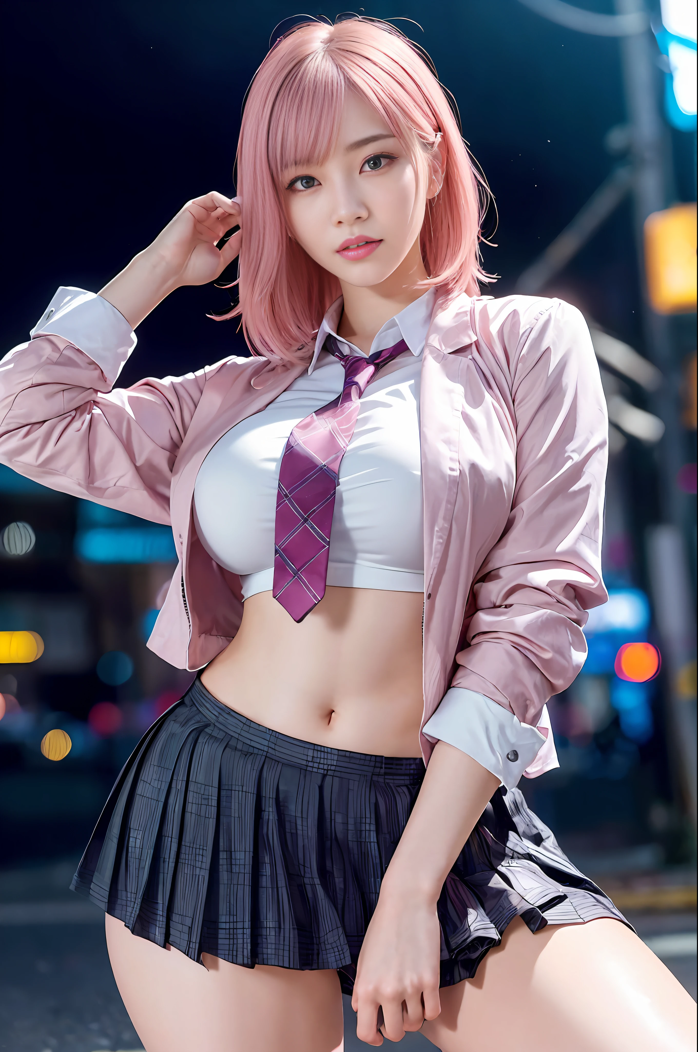 there is a woman with pink hair and a tie posing for a picture, anime girl in real life, anime girl cosplay, a hyperrealistic schoolgirl, seductive pretty girl, hyperrealistic schoolgirl, attractive real girl, cute girl with short pink hair, anime style mixed with fujifilm, beautiful real high school girl, pretty girl, cyberpunk  girl, anime cosplay, cosplay,  masterpiece, superdeformed, full body: 1.2, ultra high res, RAW photo, masterpiece, ultra detailed, 8k, full detailed hair, highres, best quality, ultra high res, ultra detailed face and eyes, (photorealistic:1.4), looking at viewer, smiling, cute,  (ray tracing:1.4), (long legs:1.4), Best quality , masterpiece, large hip, Fully facial detailed, beautiful, ((very detailed of hair )) , (((1))), thin lips, big eyes, highres, seducing, blue eyes , slim waist, 8k, 16k, highres,
karol bak uhd, inspired by hajime sorayama,