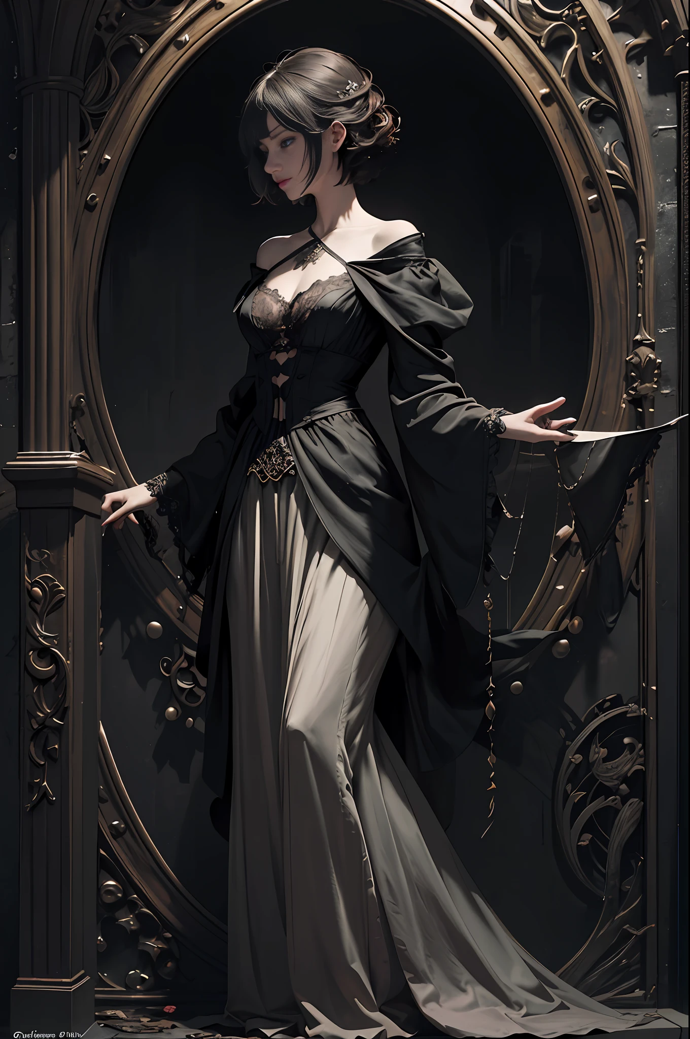 Official Art, Unity 8k wallpaper, super detailed, best quality, full body, short hair, messy hair,
dark, atmospheric, mystical, romantic, creepy, literature, art, fashion, victorian, decoration, intricacies, ironwork, contemplation, emotional depth, supernatural, 1 girl, solo, flat chest, full body composition