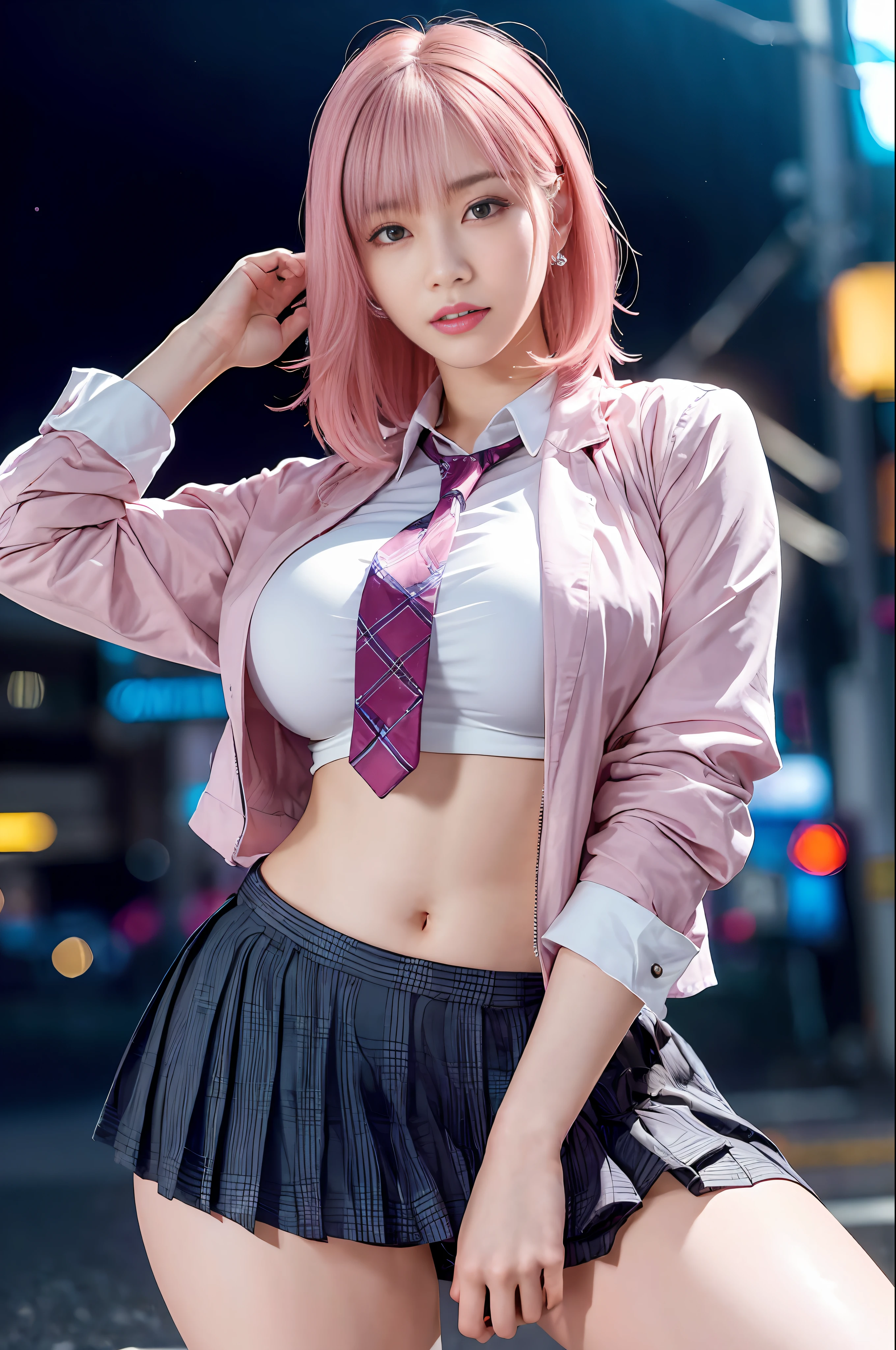 there is a woman with pink hair and a tie posing for a picture, anime girl in real life, anime girl cosplay, a hyperrealistic schoolgirl, seductive pretty girl, hyperrealistic schoolgirl, attractive real girl, cute girl with short pink hair, anime style mixed with fujifilm, beautiful real high school girl, pretty girl, cyberpunk  girl, anime cosplay, cosplay,  masterpiece, superdeformed, full body: 1.2, ultra high res, RAW photo, masterpiece, ultra detailed, 8k, full detailed hair, highres, best quality, ultra high res, ultra detailed face and eyes, (photorealistic:1.4), looking at viewer, smiling, cute,  (ray tracing:1.4), (long legs:1.4), Best quality , masterpiece, large hip, Fully facial detailed, beautiful, ((very detailed of hair )) , (((1))), thin lips, big eyes, highres, seducing, blue eyes , slim waist, 8k, 16k, highres,
karol bak uhd, inspired by hajime sorayama,