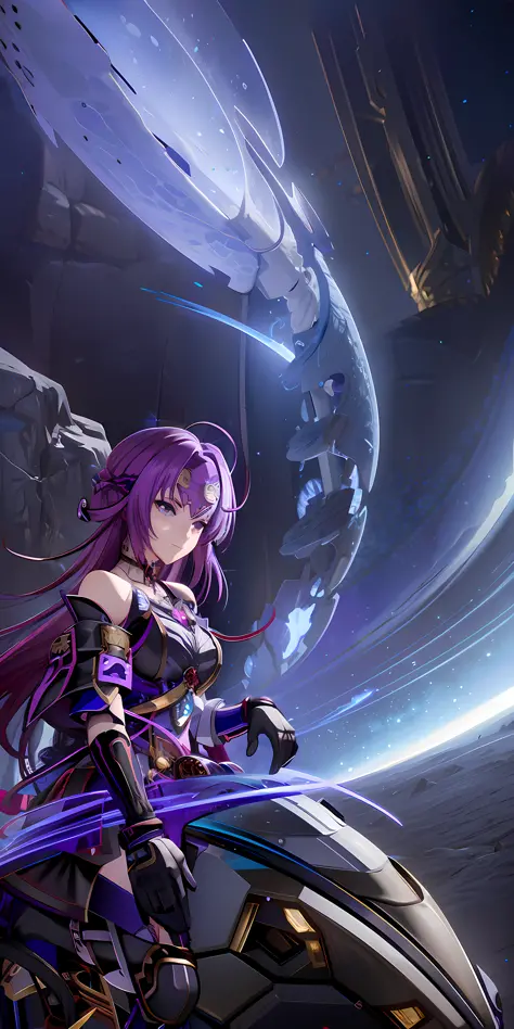 anime girl with purple hair and purple hair holding a sword, cushart krenz key art feminine, shadowverse style, ayaka genshin im...