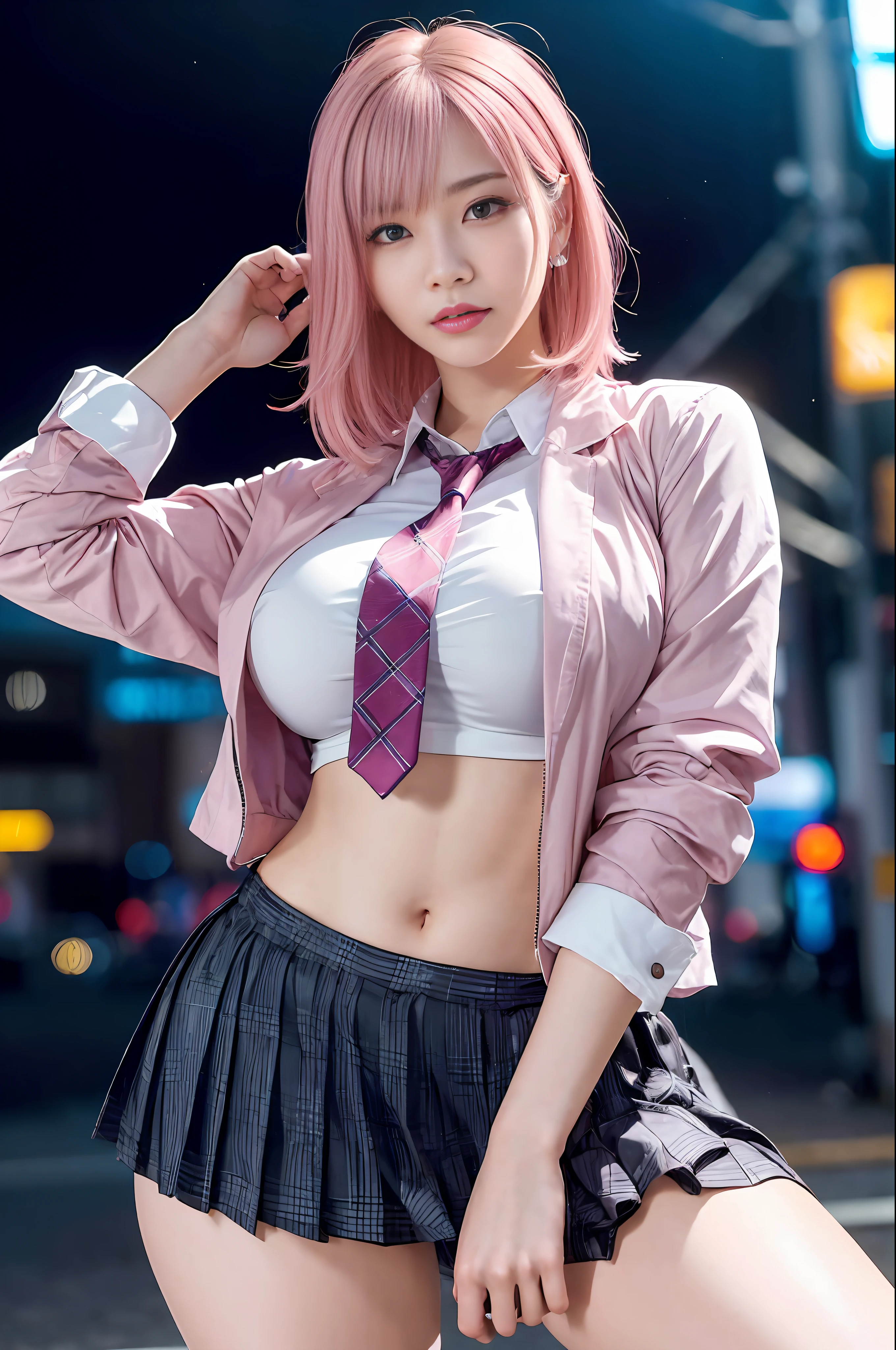 Há uma mulher com cabelo rosa e gravata posando para uma foto, garota de anime na vida real, Cosplay de garota de anime, a estudante hiperrealista, seductive bela menina, estudante hiperrealista, garota atraente de verdade, bonitinho girl with short pink hair, estilo anime misturado com fujifilm, lindo real high school girl, bela menina, Garota cyberpunk, cosplay de anime, cosplay,  obra de arte, superdeformed, corpo todo: 1.2, resolução ultra alta, Foto CRU, obra de arte, ultra detalhado, 8K, cabelo cheio e detalhado, alta resolução, melhor qualidade, resolução ultra alta, ultra detalhado face and eyes, (fotorrealista:1.4), Olhando para o visualizador, sorridente, bonitinho,  (Rastreamento de raio:1.4), (Pernas longas:1.4), melhor qualidade , obra de arte, quadril grande, Totalmente facial detalhado, lindo, ((muito detalhado do cabelo )) , (((1))), labios finos, Olhos grandes, alta resolução, seduzindo, olhos azuis , cintura fina, 8K, 16k, alta resolução,
Karol atrás de uhd, Inspirado por Hajime Sorayama,