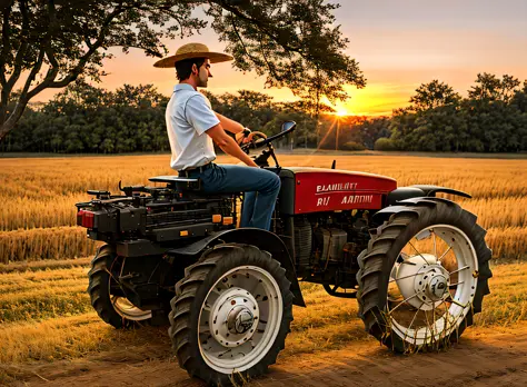 Profile tractor, best quality, realism, country man, pushing tractor, shirt – checkered, straw hat, wheat plantation, sunset, high resolution, intricate details, hot day, man pushing, tractor not working, man pushing, tractor screwed,