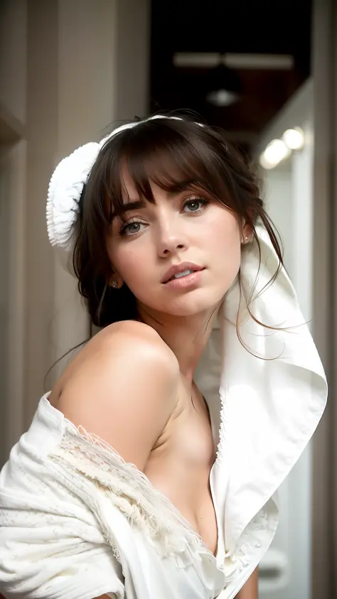 woman with a towel on her shoulders looking at the camera, ana de armas, white bangs, ava max, hair whitebangs hair, portrait of...