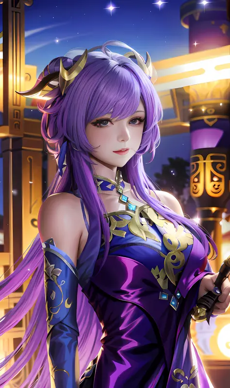 Close-up of a woman with blue hair in a purple dress with a bow, a portrait of a girl from the Knights of the Zodiac, 8K high-qu...
