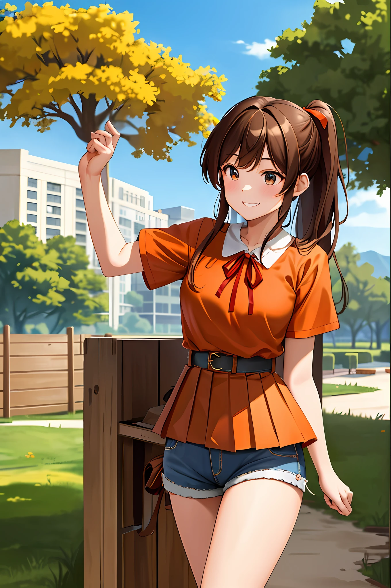 masterpiece, best quality, highres, chi1, 1girl, long hair, ponytail, one side up, solo, brown jean shorts, red ribbon, orange shirt, pleated skirt, bangs, neck ribbon, swollen short sleeves, cowboy shot, outdoor, smile, ladder, tree, construction, brown hair, blue eye