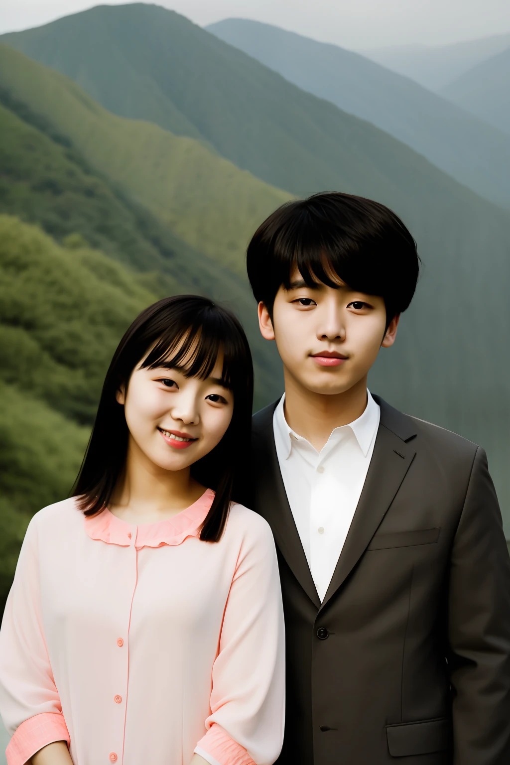 a young korean girl next to a young korean boy, brothers, portrait