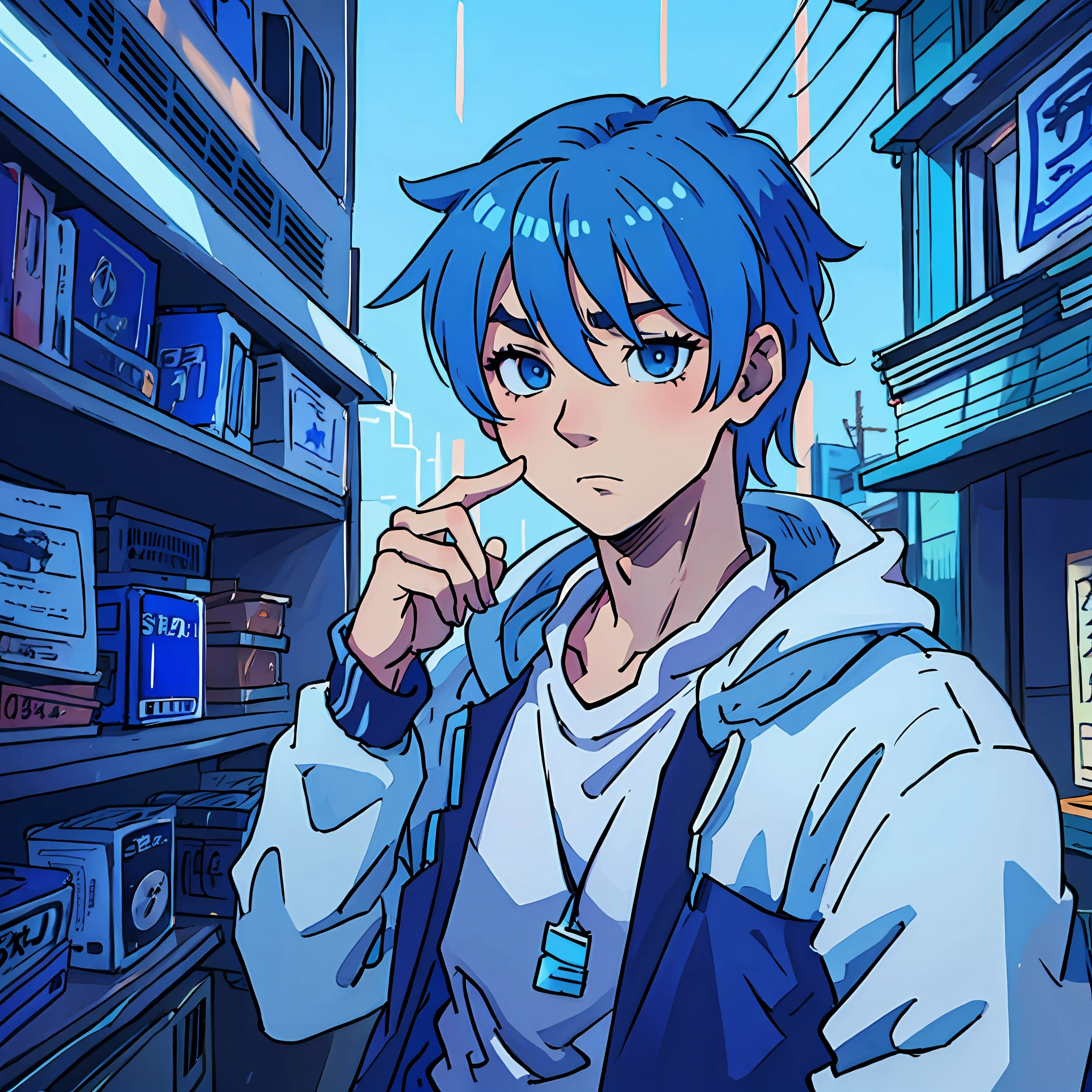 Anime character in a blue outfit standing in a store - SeaArt AI