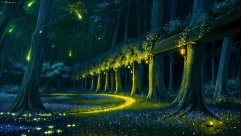 fireflies flying in the trees of the forest, magical forest, night, concept art, trees, canada, monet