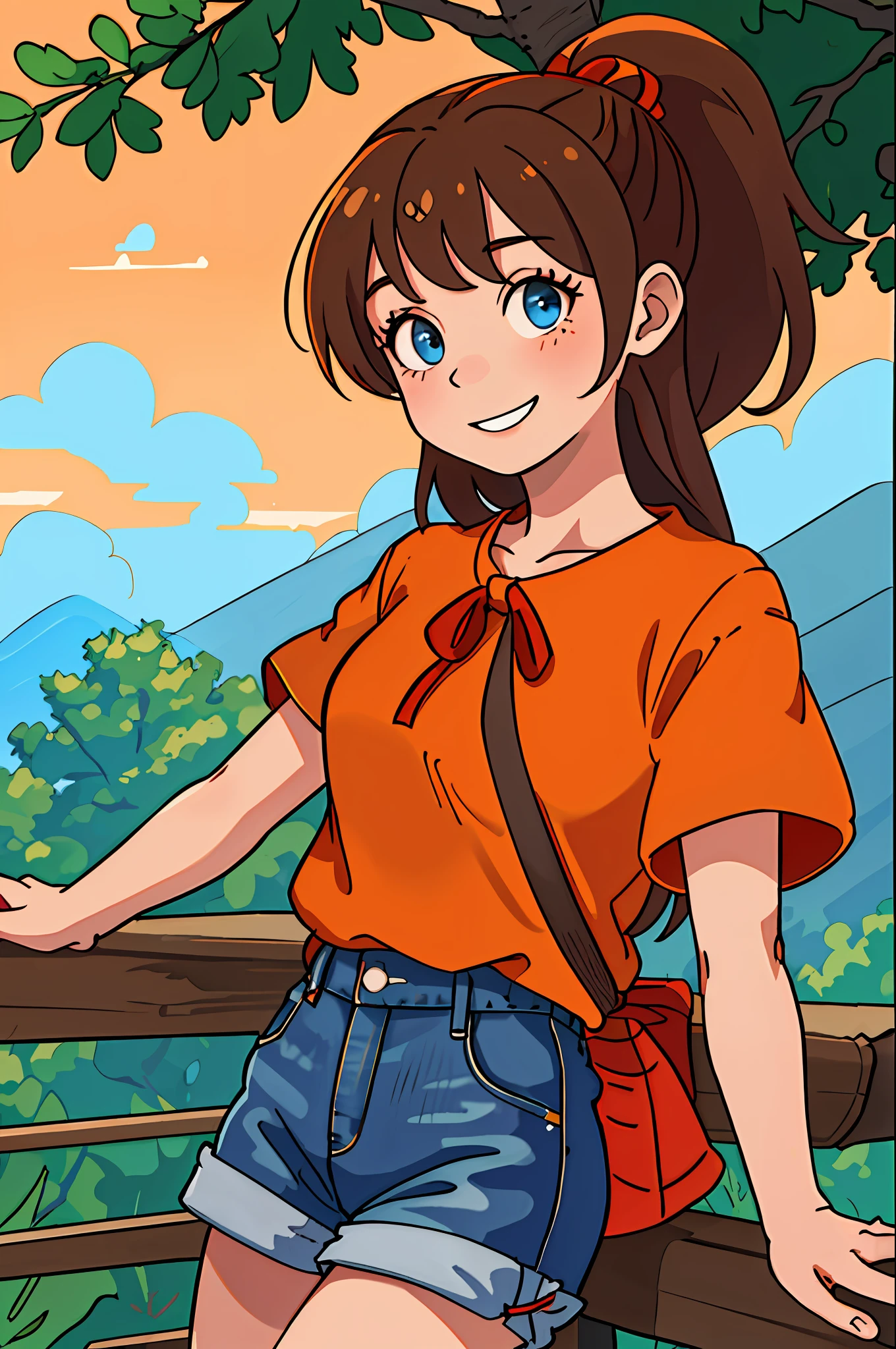 masterpiece, best quality, highres, chi1, 1girl, long hair, ponytail, one side up, solo, brown jean shorts, red ribbon, orange shirt, bangs, neck ribbon, swollen short sleeves, cowboy shot, outdoor, smile, ladder, tree, construction, brown hair, blue eye