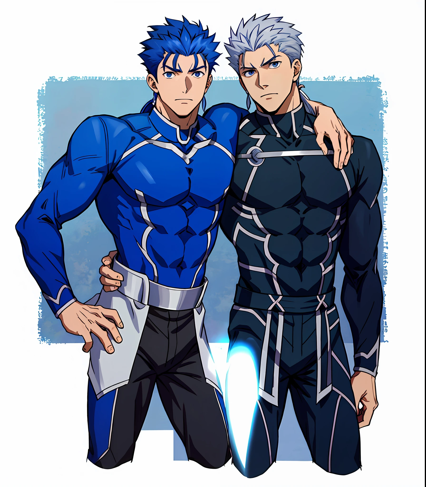 ((Masterpiece), best quality, emotional anime, immersive scene, accurate anatomical depiction of characters, detailed facial features, eye focus, fate unlimited blade works, fate style), (emiya (archer), archer /(fate/) in his red original outfit, on the right, silver hair,), (cu chulainn in his dark-blue original outfit,on the right side, blue hair, short ponytail),