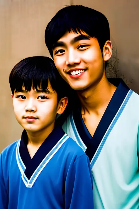 dois two young korean boys, portrait, brothers
