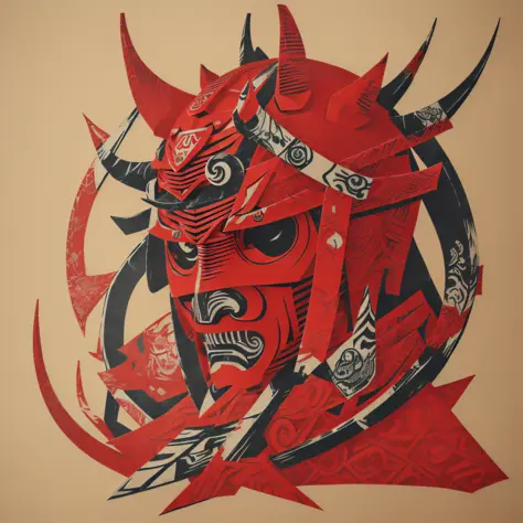 ((Mascara Oni Hannya)) with (((old Samurai Kabuto helmet)))), (((masterpiece))), better quality, ((Kirigami's Japanese paper cut...