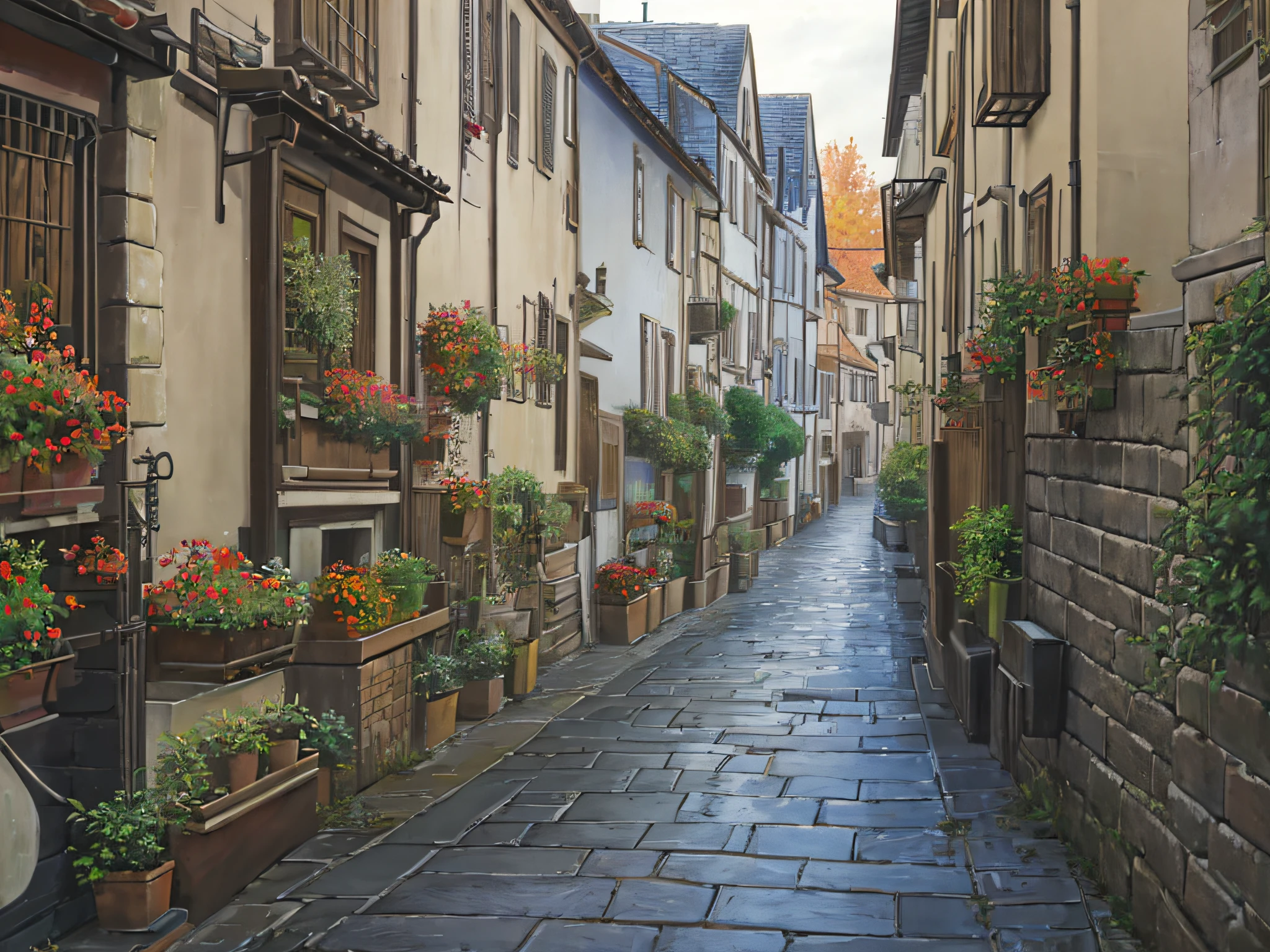 ((masterpiece)), (8k, high_resolution),(best quality), old town, narrow street, European houses, cloudy, autumn, Kyoani Haruhi style, very beautiful