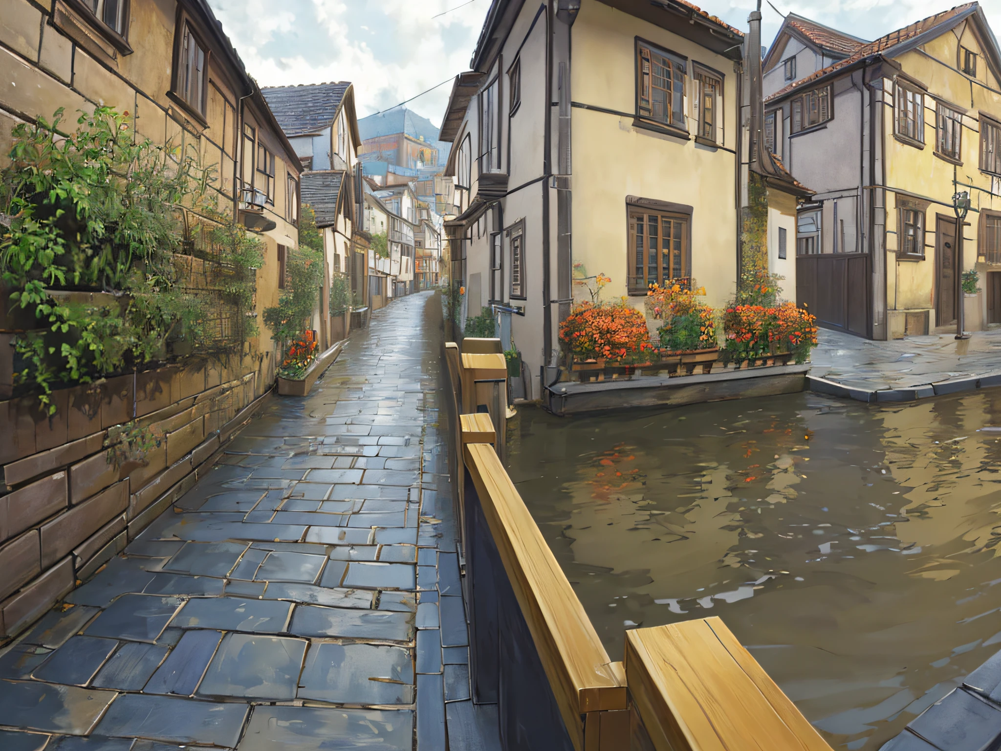 ((obra de arte)), (8K, alto_Resolução),(melhor qualidade), Cidade antiga, Rua estreita, Casas Europeias, nublado, outono, estilo kyoani haruhi, muito bonito