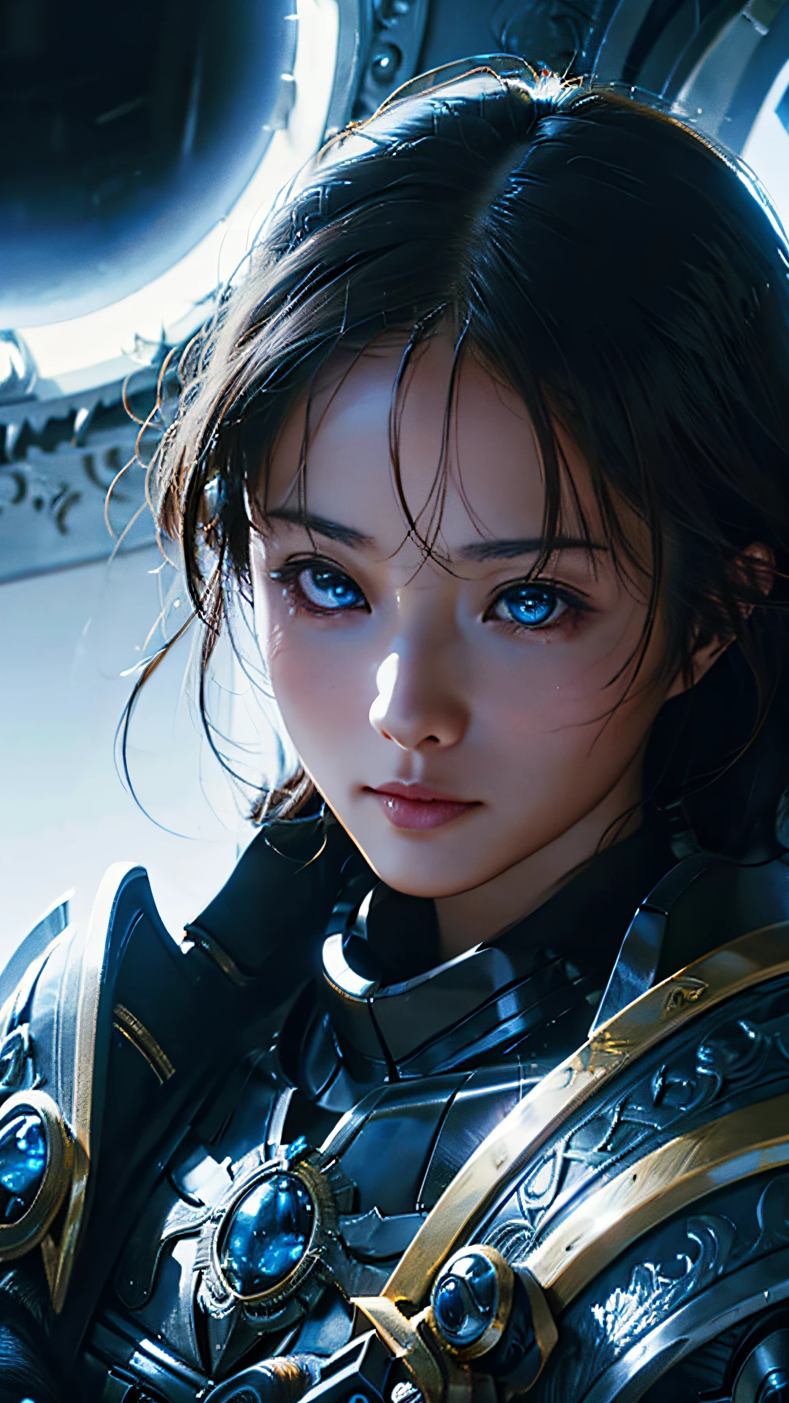 official art, unity 8k wallpaper, ultra detailed, masterpiece, best quality, 1 woman, (extremely detailed), dynamic angle, Mysterious expression, fire sparkle effect, fantasy background, rim lighting, side lighting, cinematic light, ultra high res, 8k uhd, film grain,best shadow, delicate, RAW, light particles, detailed skin texture, detailed armor texture, detailed face, intricate details, ultra detailed, bright, strong, black armor, holding weapon, holding shield, pauldrons, ((brunette hair)), very glowing blue eyes, long black cape, fantasy, (realistic),